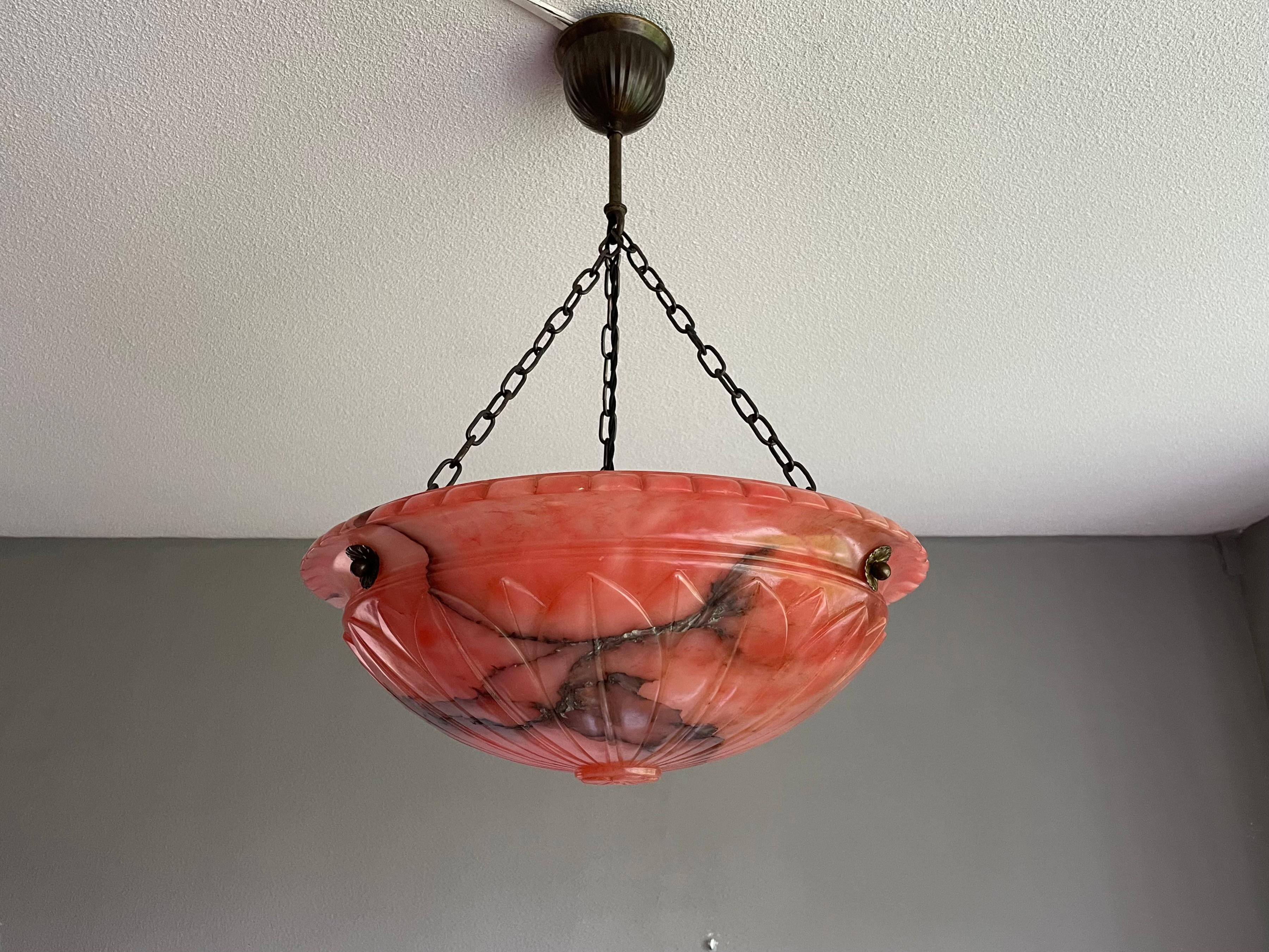 Arts and Crafts Antique and Unique Color Red Alabaster Pendant w. Adjustable Brass Canopy 1910 For Sale