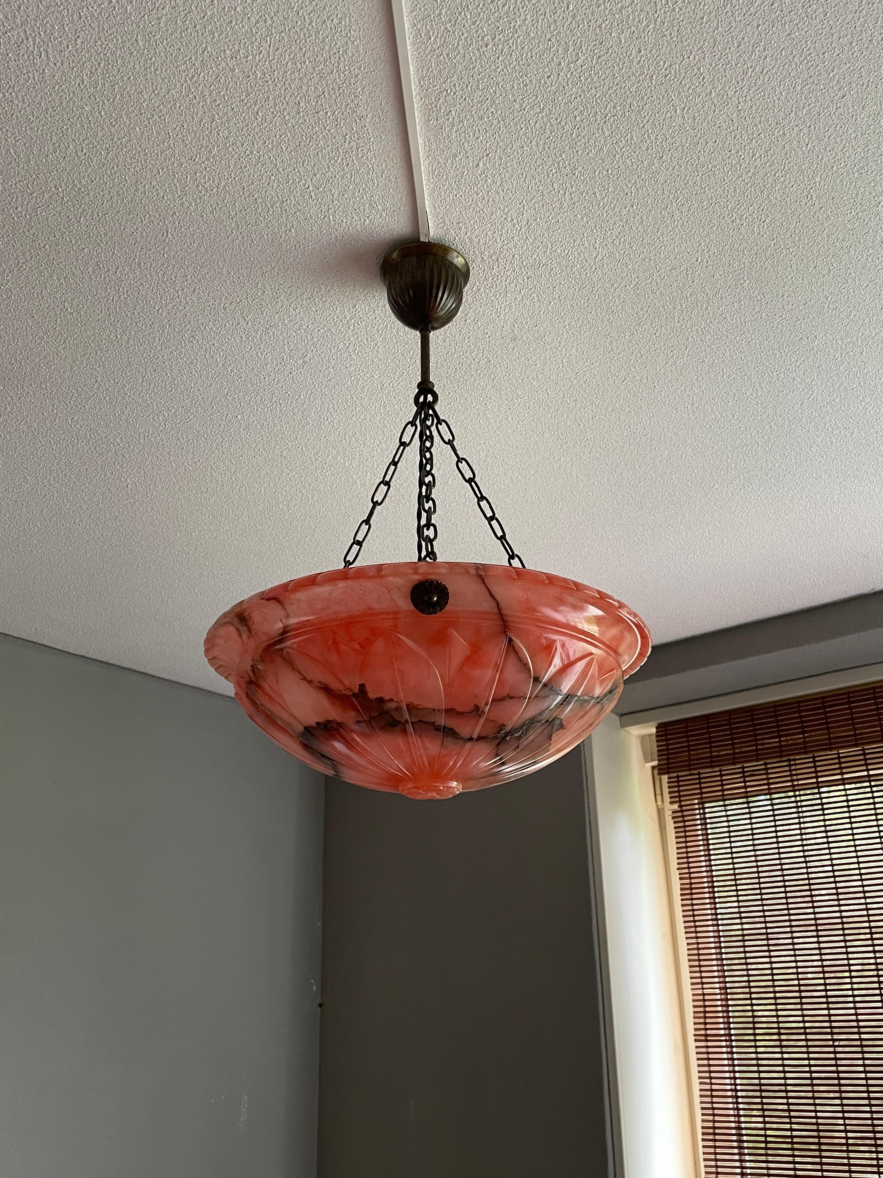 Bronzed Antique and Unique Color Red Alabaster Pendant w. Adjustable Brass Canopy 1910 For Sale