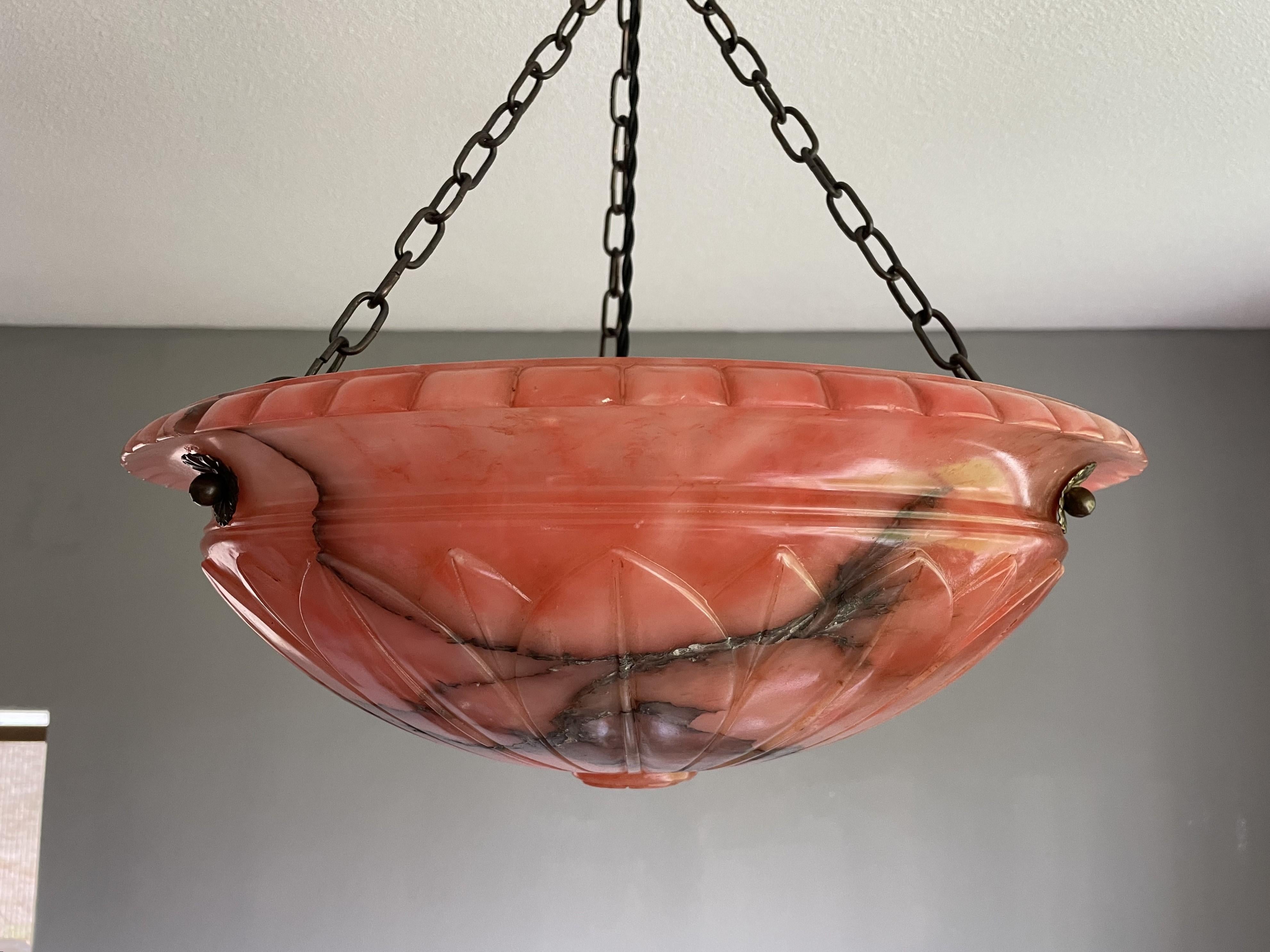 Antique and Unique Color Red Alabaster Pendant w. Adjustable Brass Canopy 1910 For Sale 1