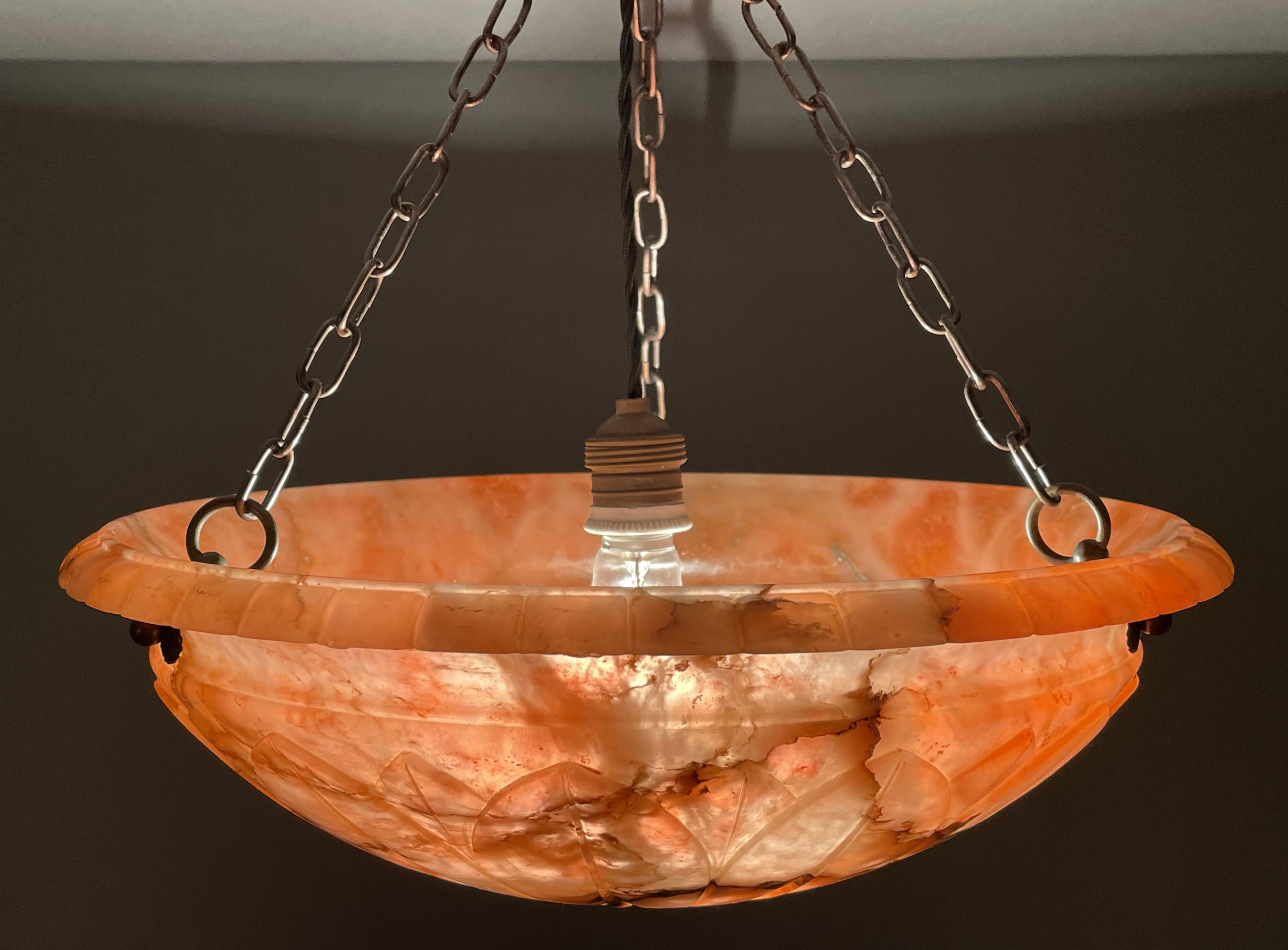Antique and Unique Color Red Alabaster Pendant w. Adjustable Brass Canopy 1910 For Sale 2