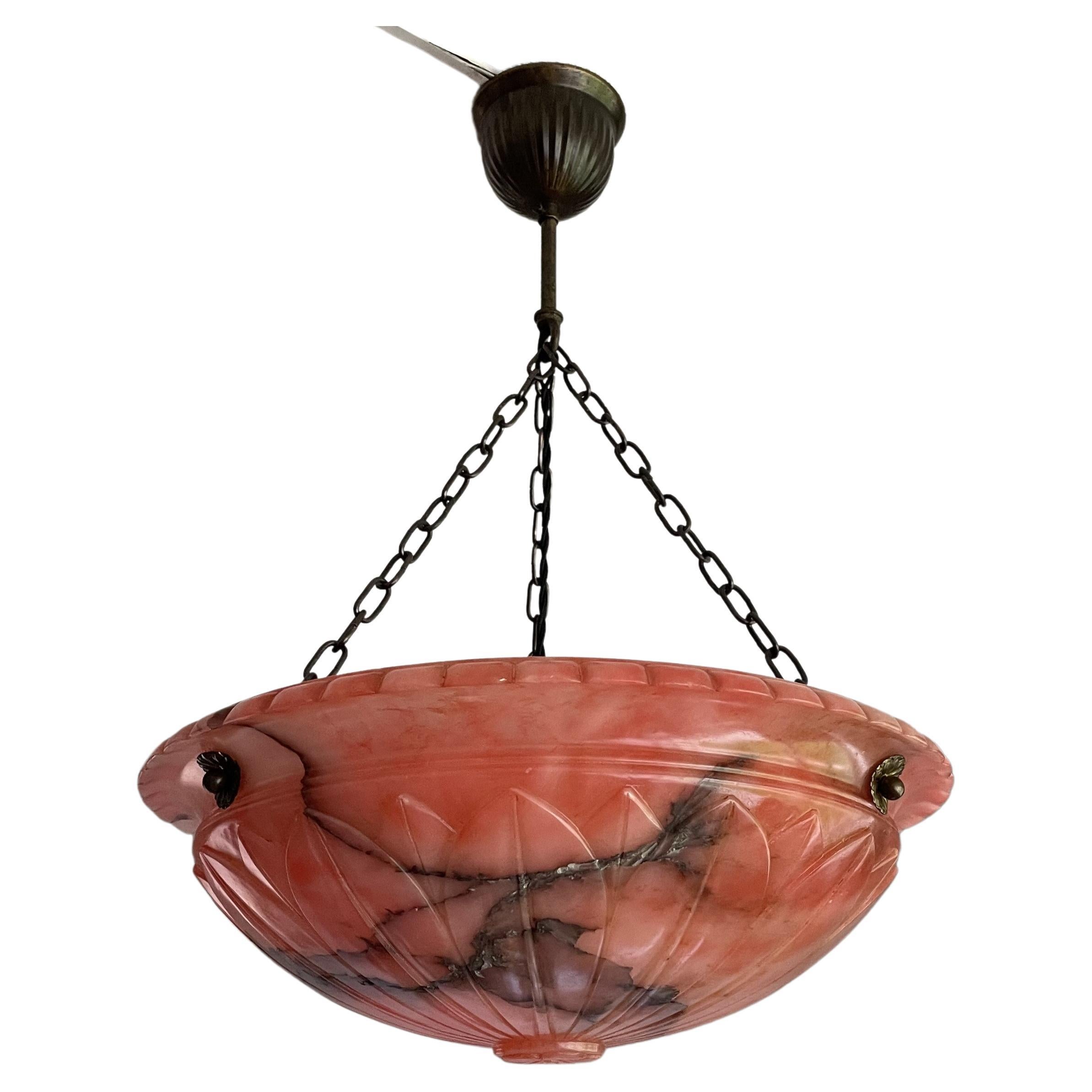 Antique and Unique Color Red Alabaster Pendant w. Adjustable Brass Canopy 1910 For Sale