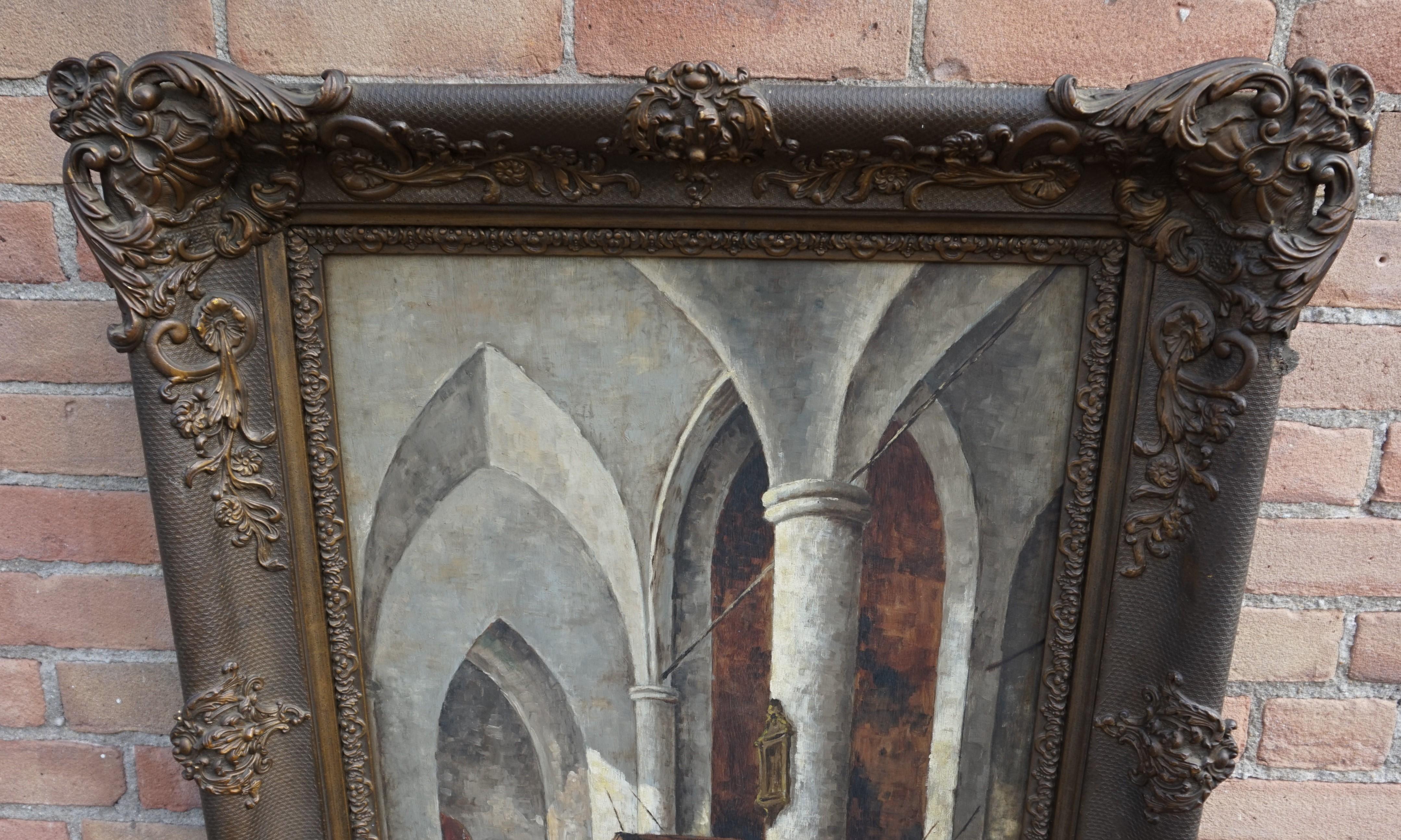 Antique and Unique Gothic Church Interior Painting in a Stunning Mid-1800s Frame 2