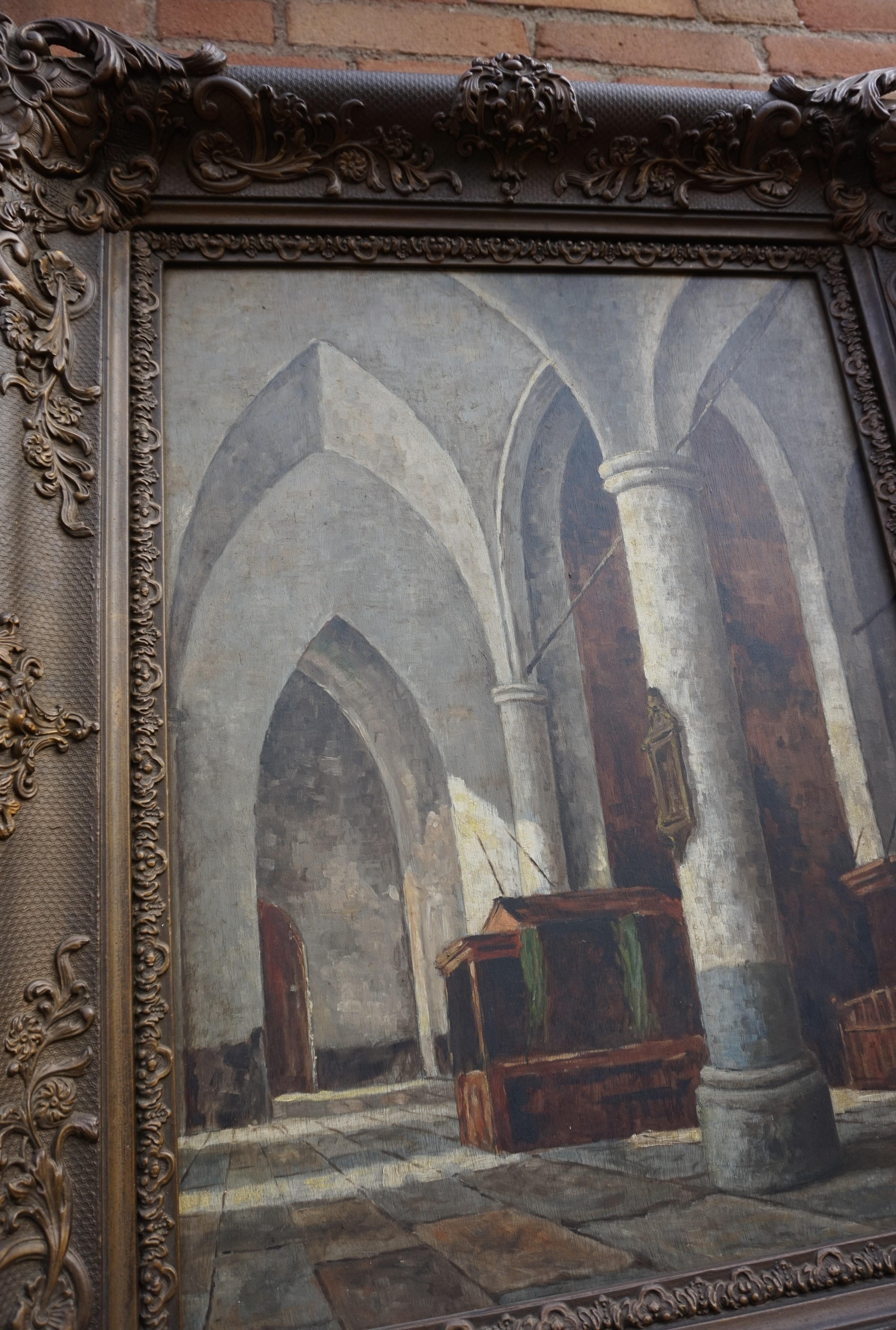Antique and Unique Gothic Church Interior Painting in a Stunning Mid-1800s Frame 3