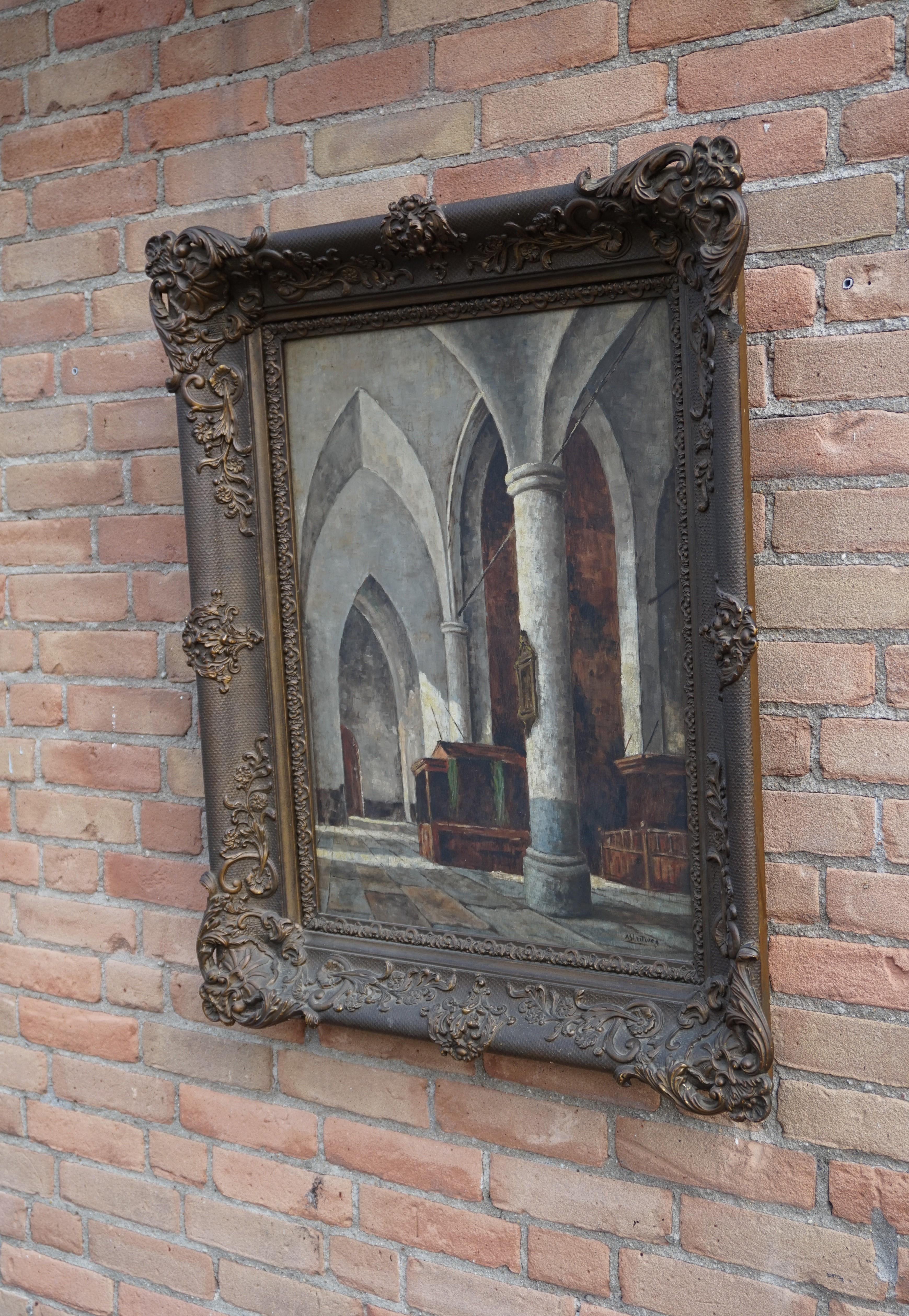 Antique and Unique Gothic Church Interior Painting in a Stunning Mid-1800s Frame 10