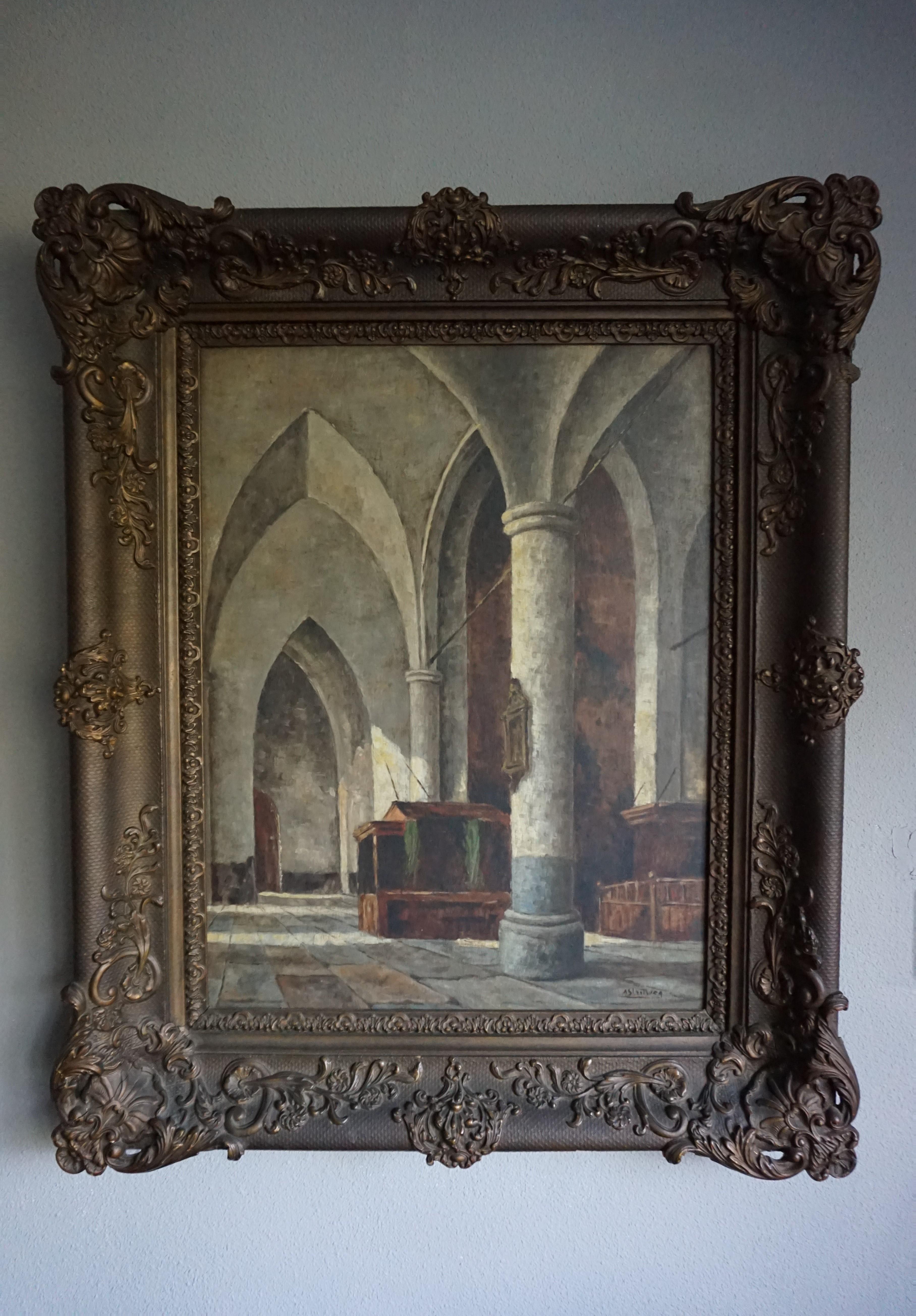 Beautiful oil on panel painting of a Gothic church interior.

This early 20th century, hand painted work of Gothic Art is in a stunning and ornate 19th century frame. Because of their contrasting styles, of what in essence are two works of art,