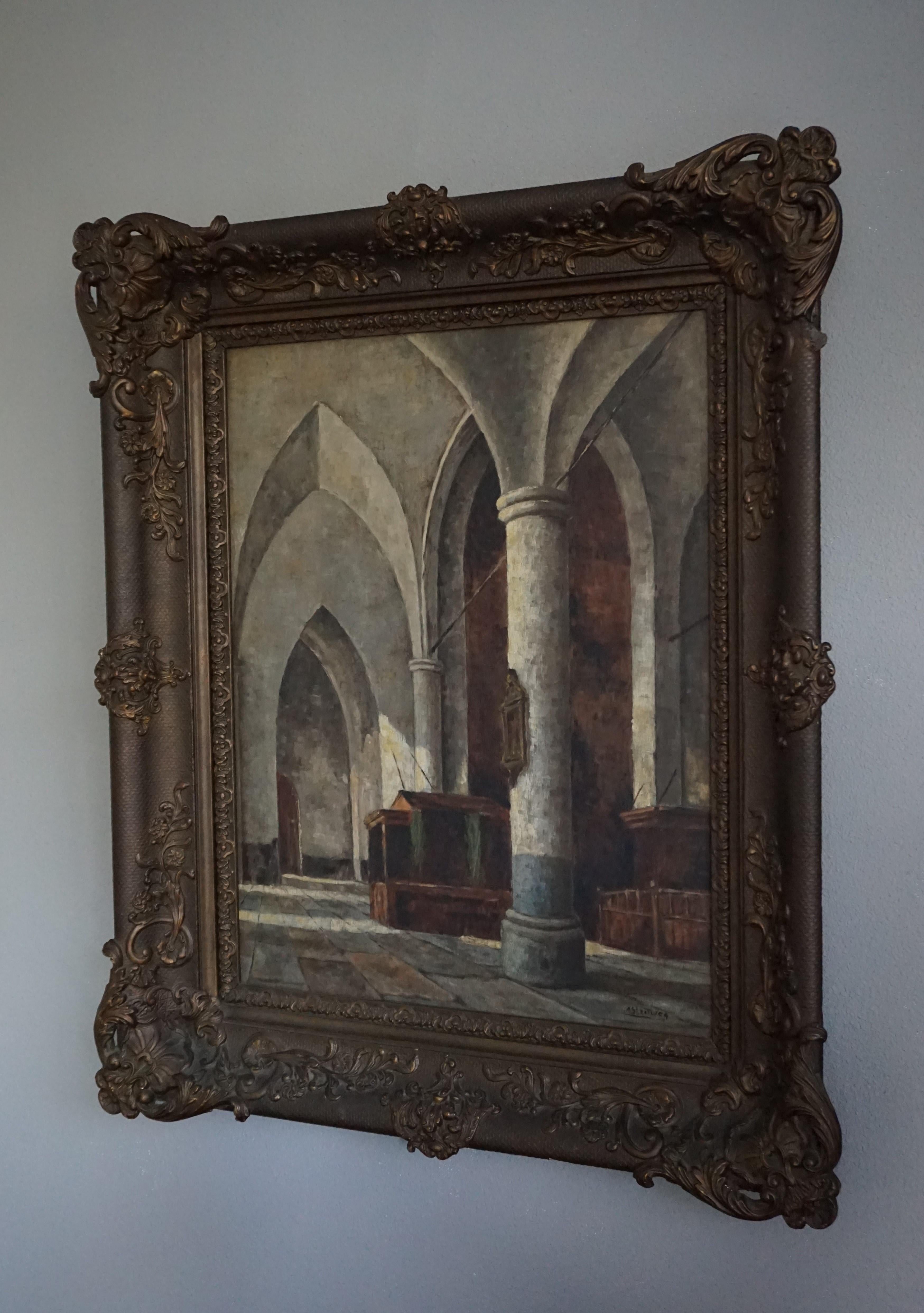 Antique and Unique Gothic Church Interior Painting in a Stunning Mid-1800s Frame 11