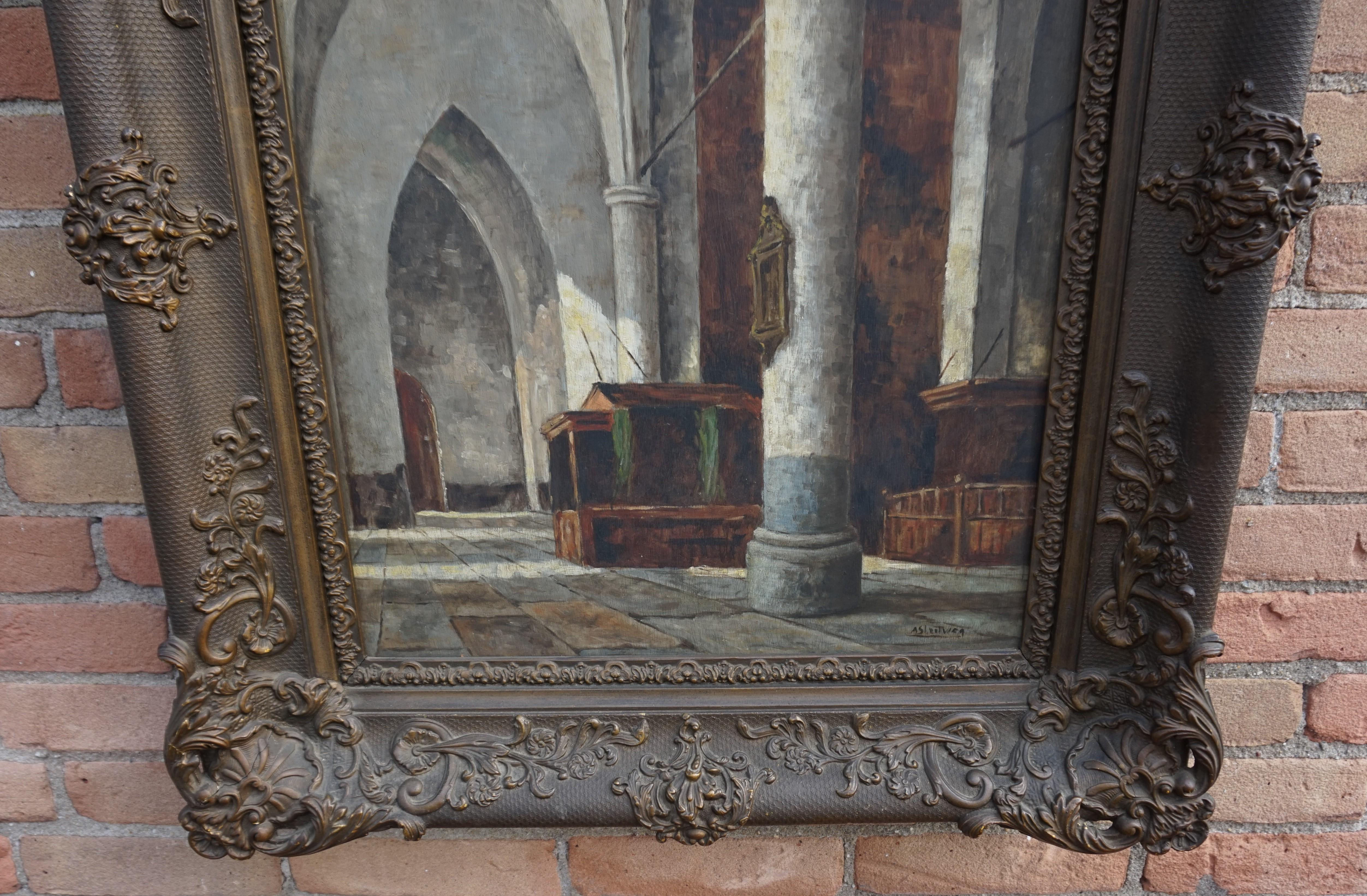 Gothic Revival Antique and Unique Gothic Church Interior Painting in a Stunning Mid-1800s Frame