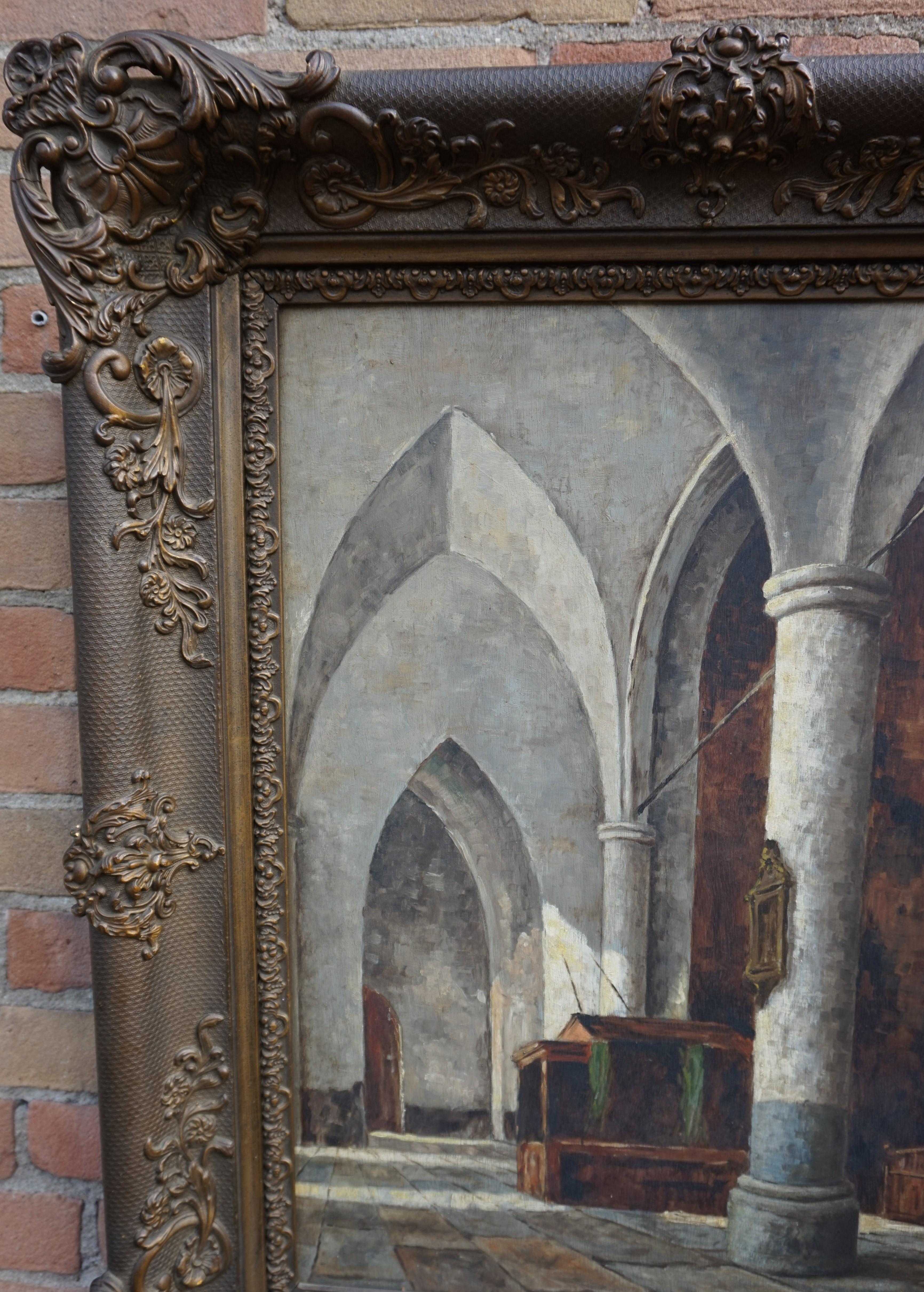 Hand-Painted Antique and Unique Gothic Church Interior Painting in a Stunning Mid-1800s Frame