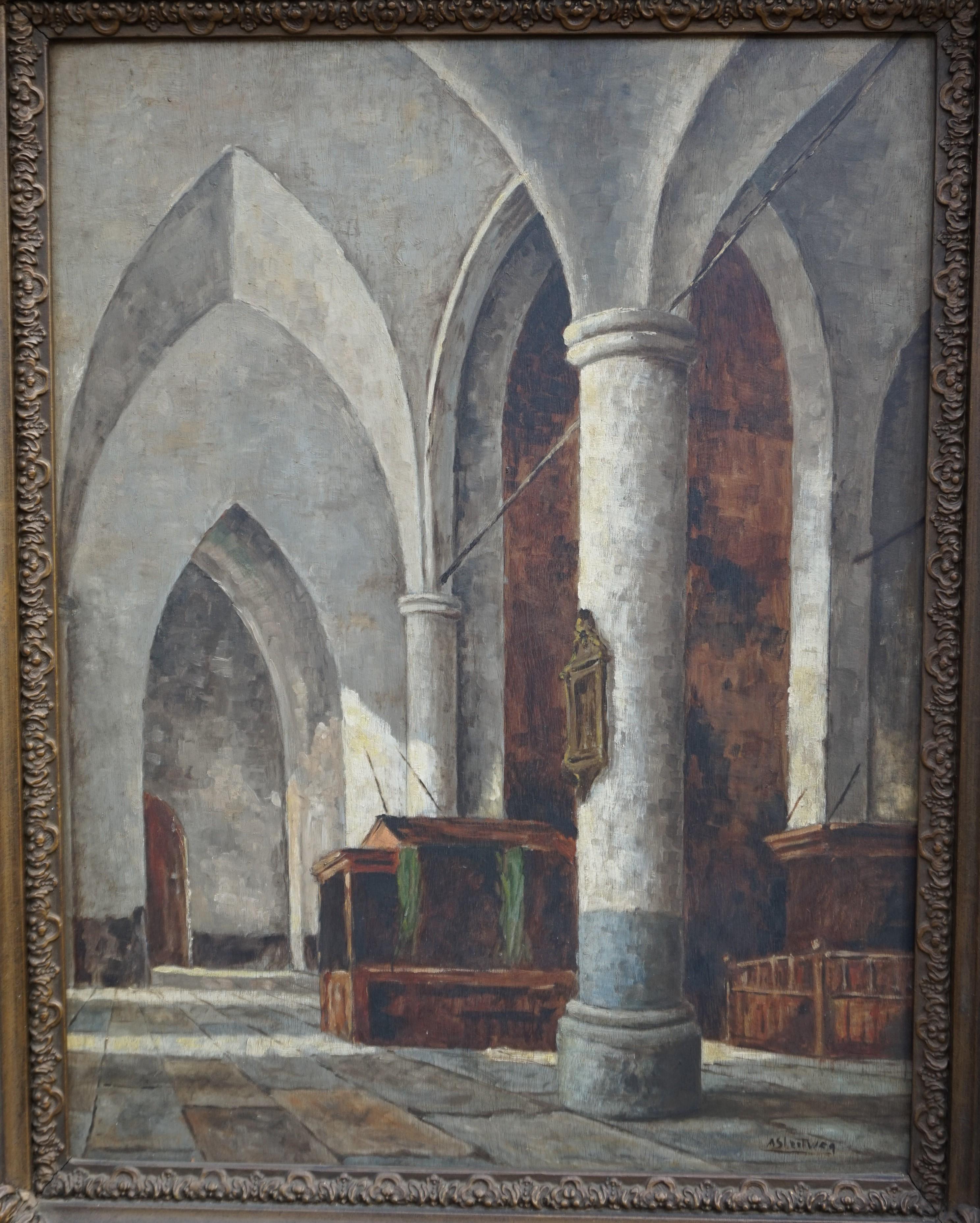 Antique and Unique Gothic Church Interior Painting in a Stunning Mid-1800s Frame In Good Condition In Lisse, NL