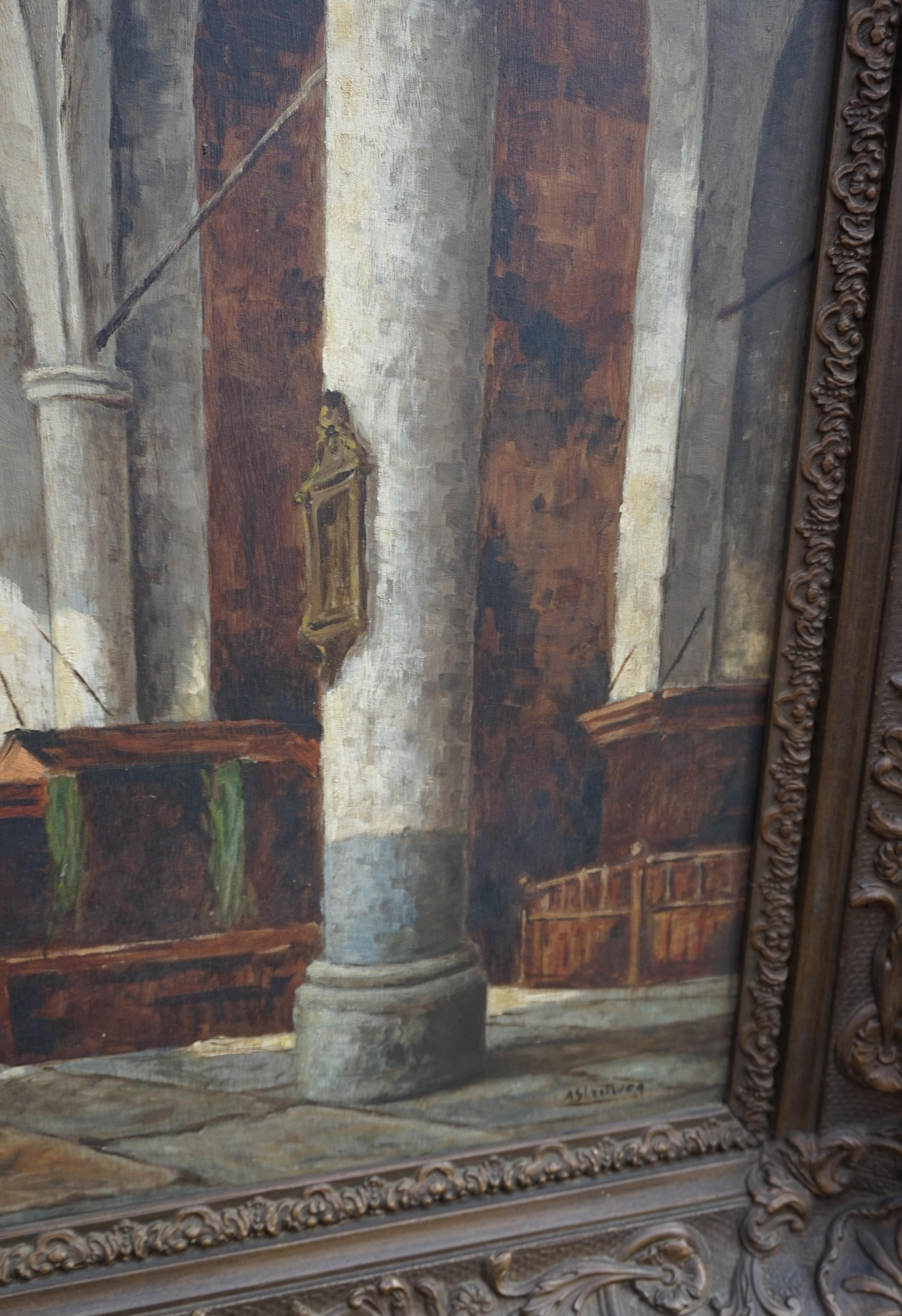 20th Century Antique and Unique Gothic Church Interior Painting in a Stunning Mid-1800s Frame