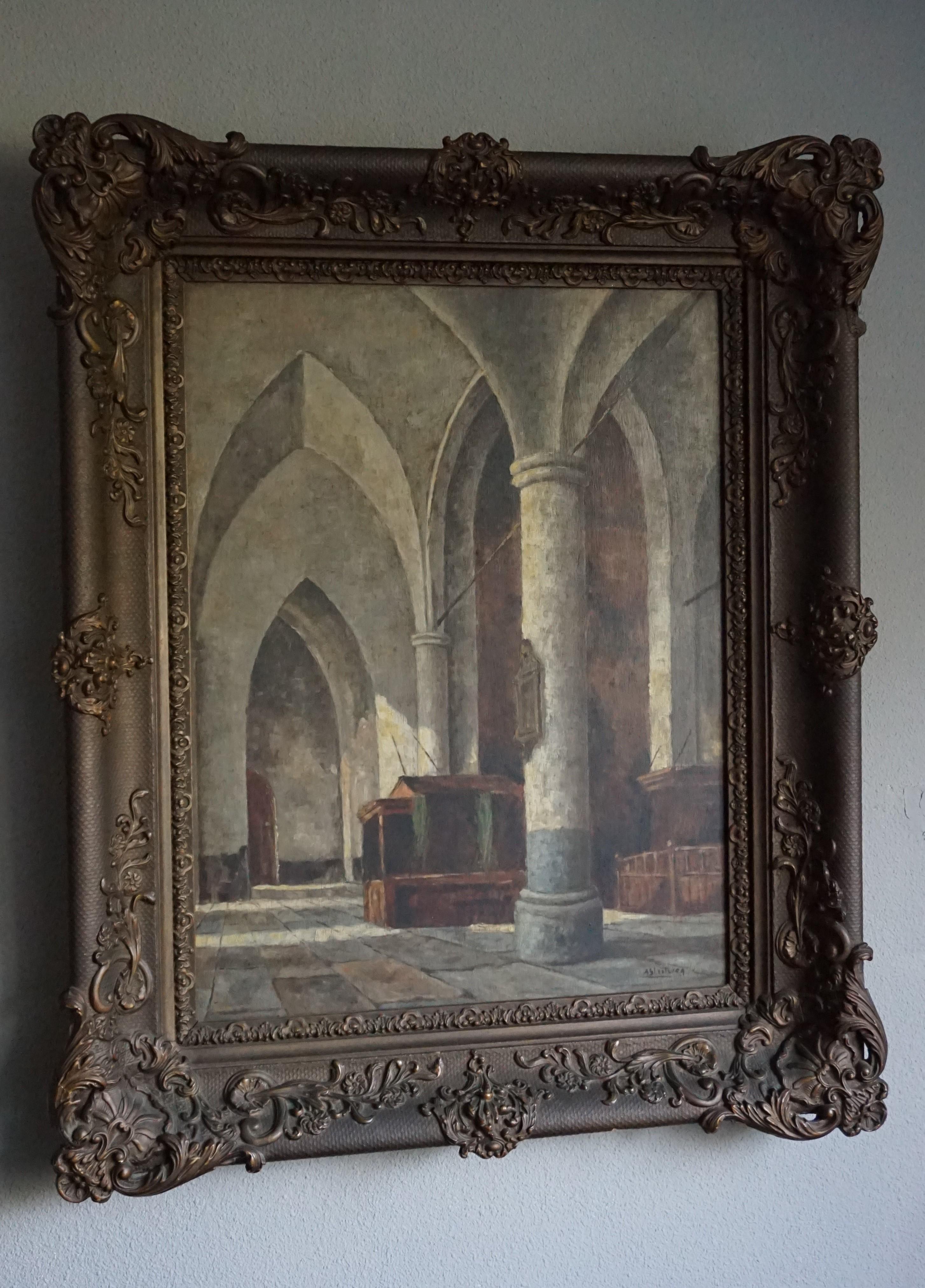 Wood Antique and Unique Gothic Church Interior Painting in a Stunning Mid-1800s Frame