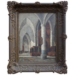 Antique and Unique Gothic Church Interior Painting in a Stunning Mid-1800s Frame