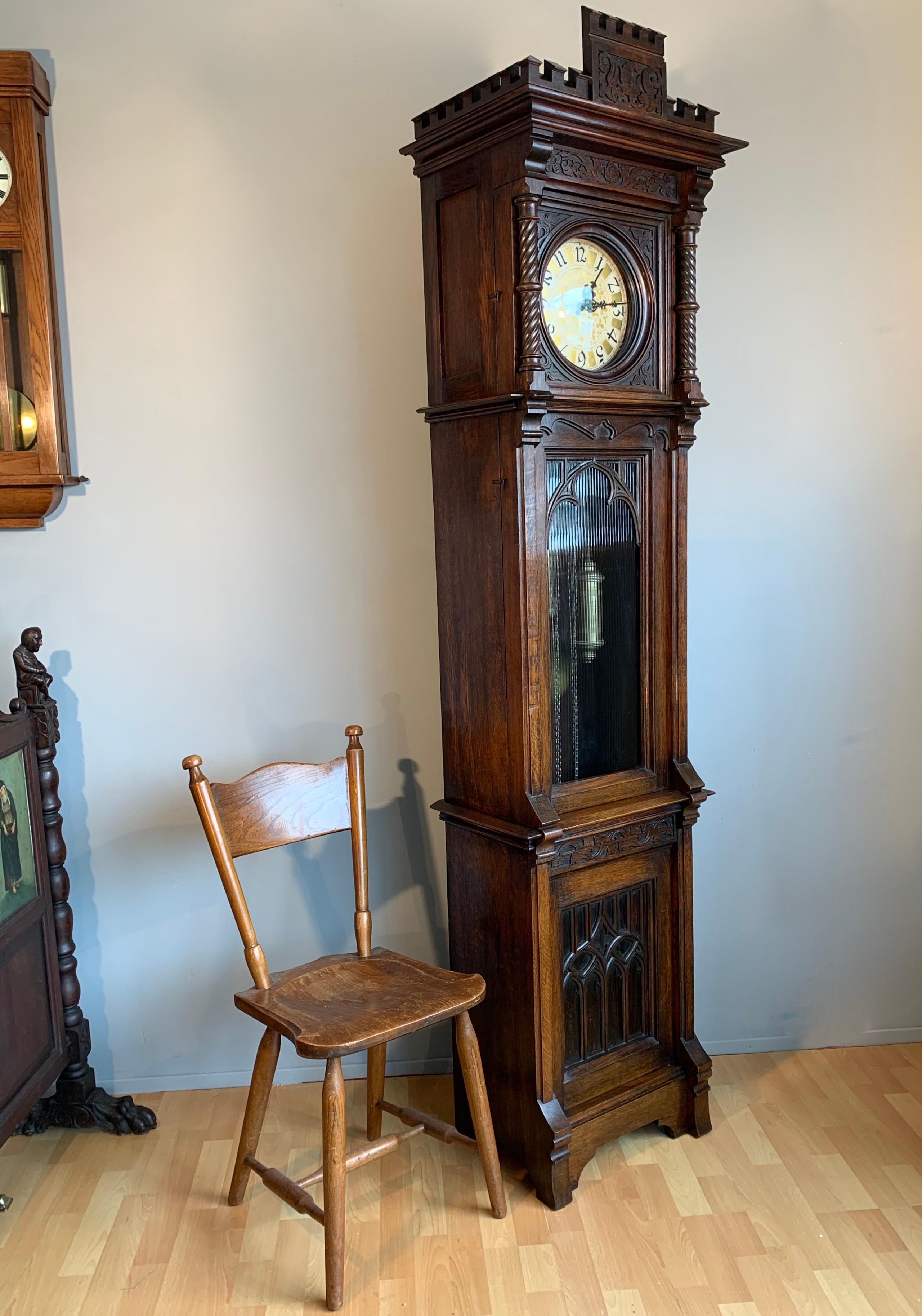 Brass Antique and Unique, Hand Carved Gothic Revival Grandfather or Longcase Clock