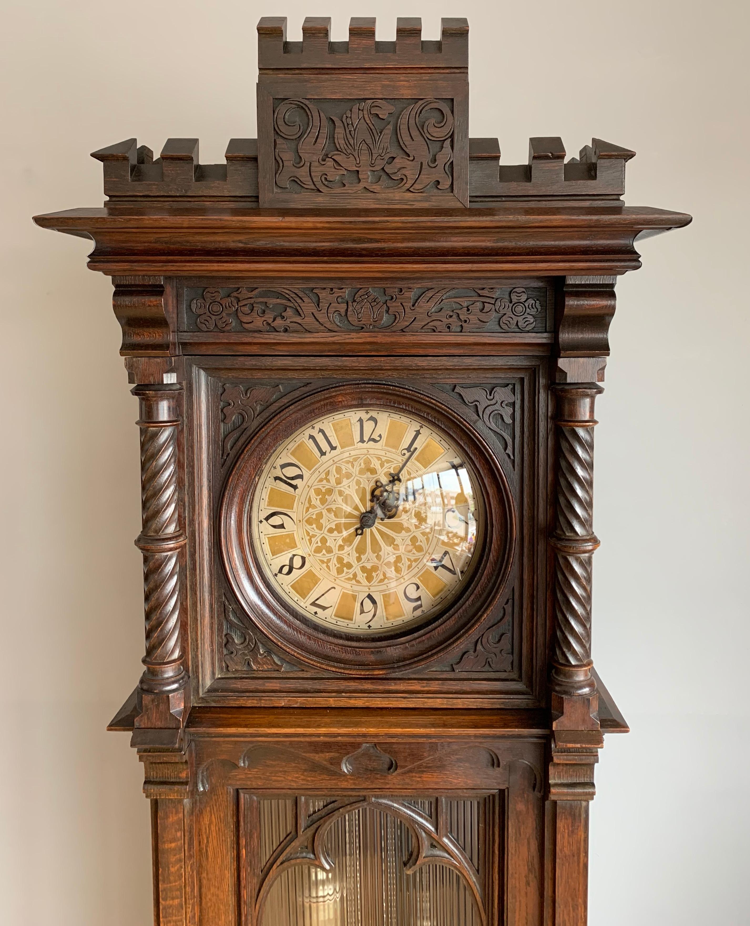 Antique and Unique, Hand Carved Gothic Revival Grandfather or Longcase Clock 9