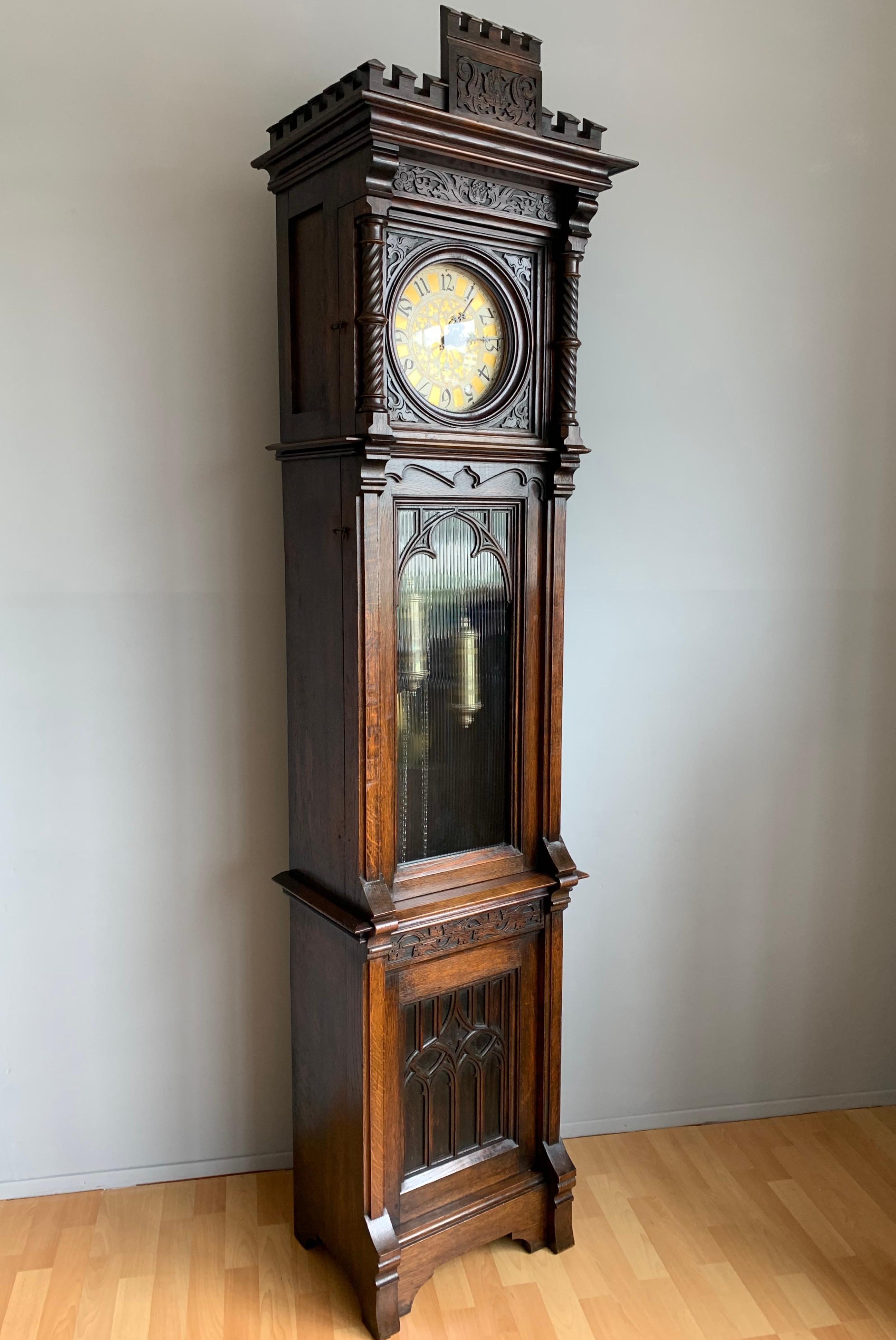 European Antique and Unique, Hand Carved Gothic Revival Grandfather or Longcase Clock