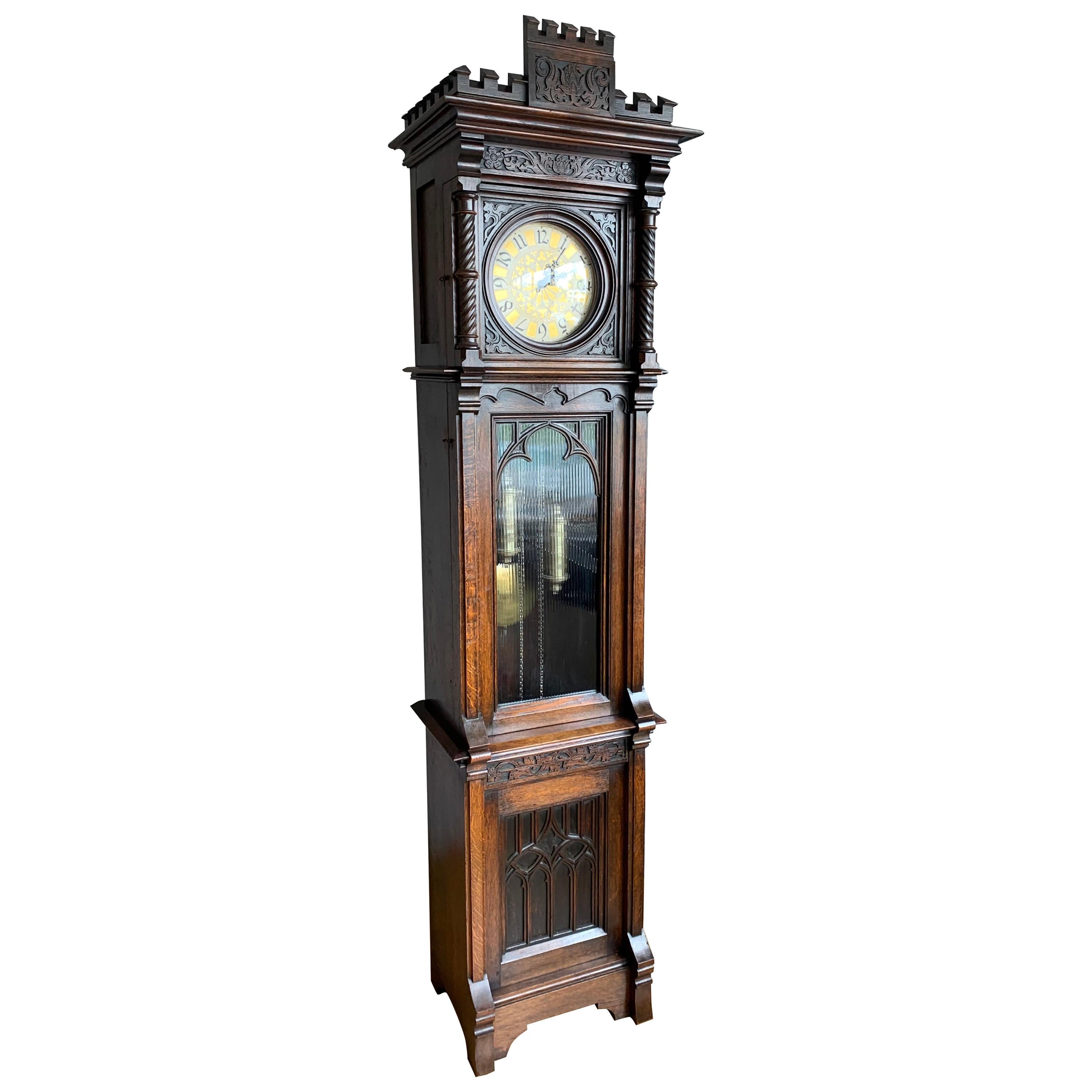 Antique and Unique, Hand Carved Gothic Revival Grandfather or Longcase Clock