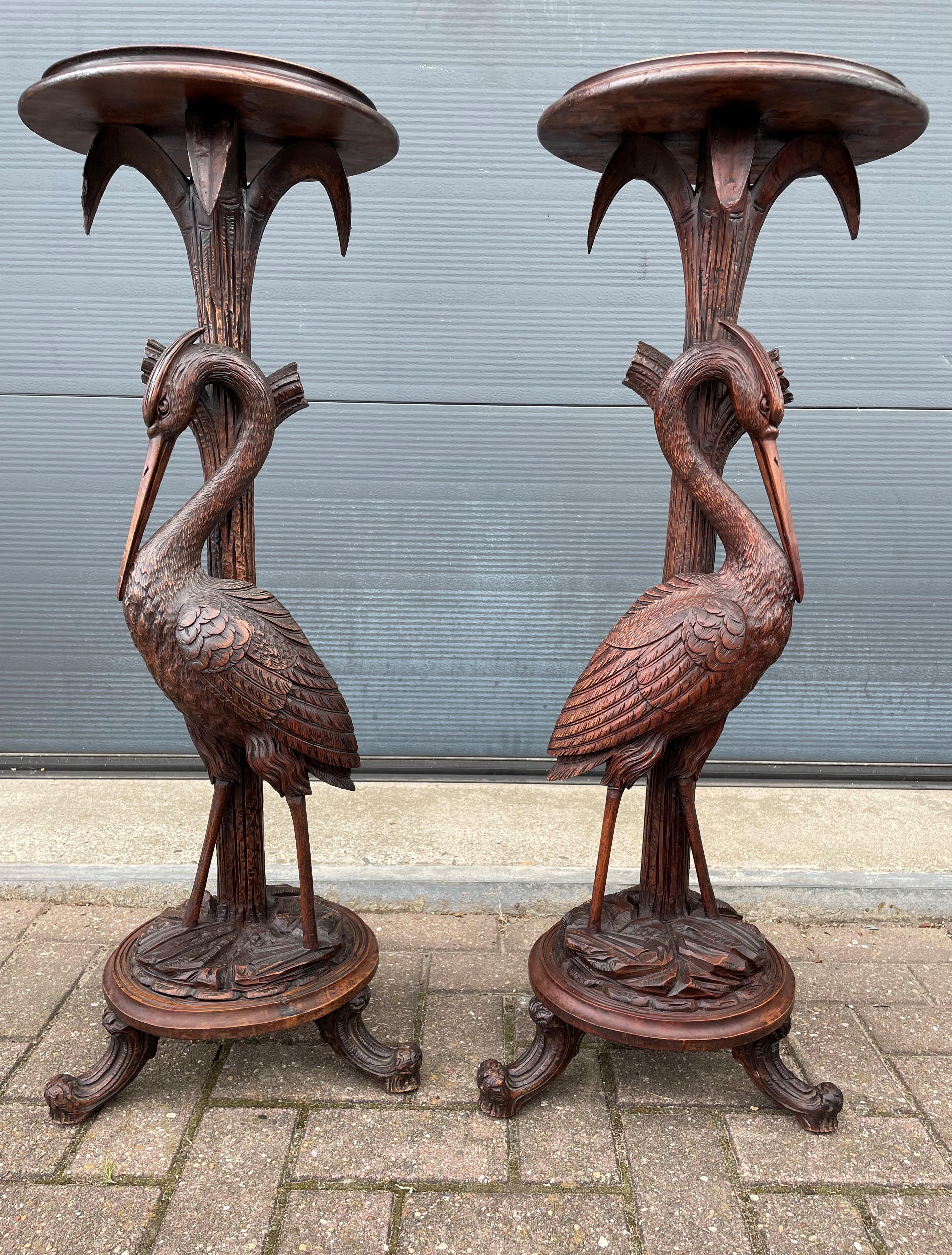 Antique and Unique Hand Carved Pair of Black Forest Heron Sculpture Pedestals 2