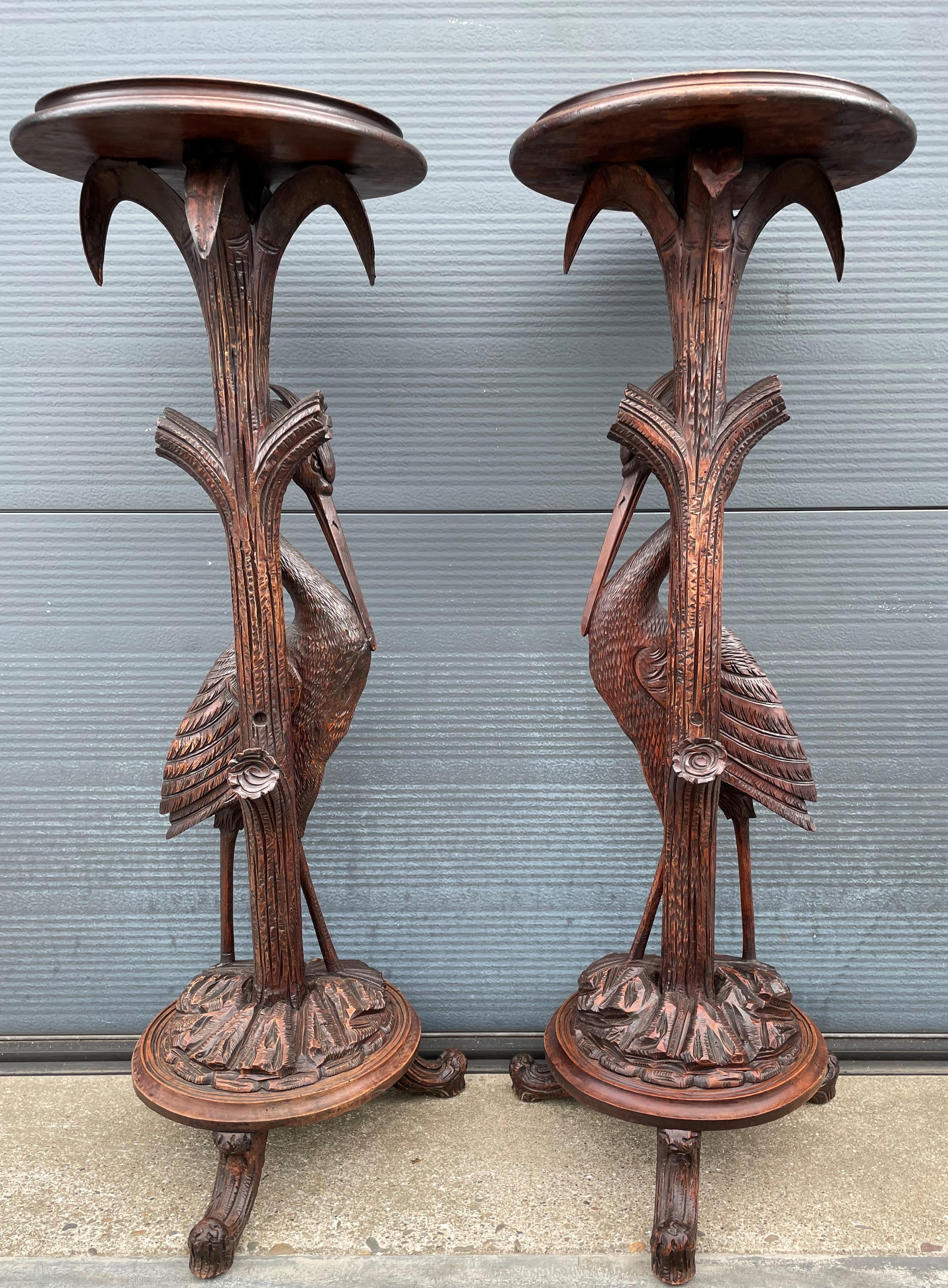 Antique and Unique Hand Carved Pair of Black Forest Heron Sculpture Pedestals 3