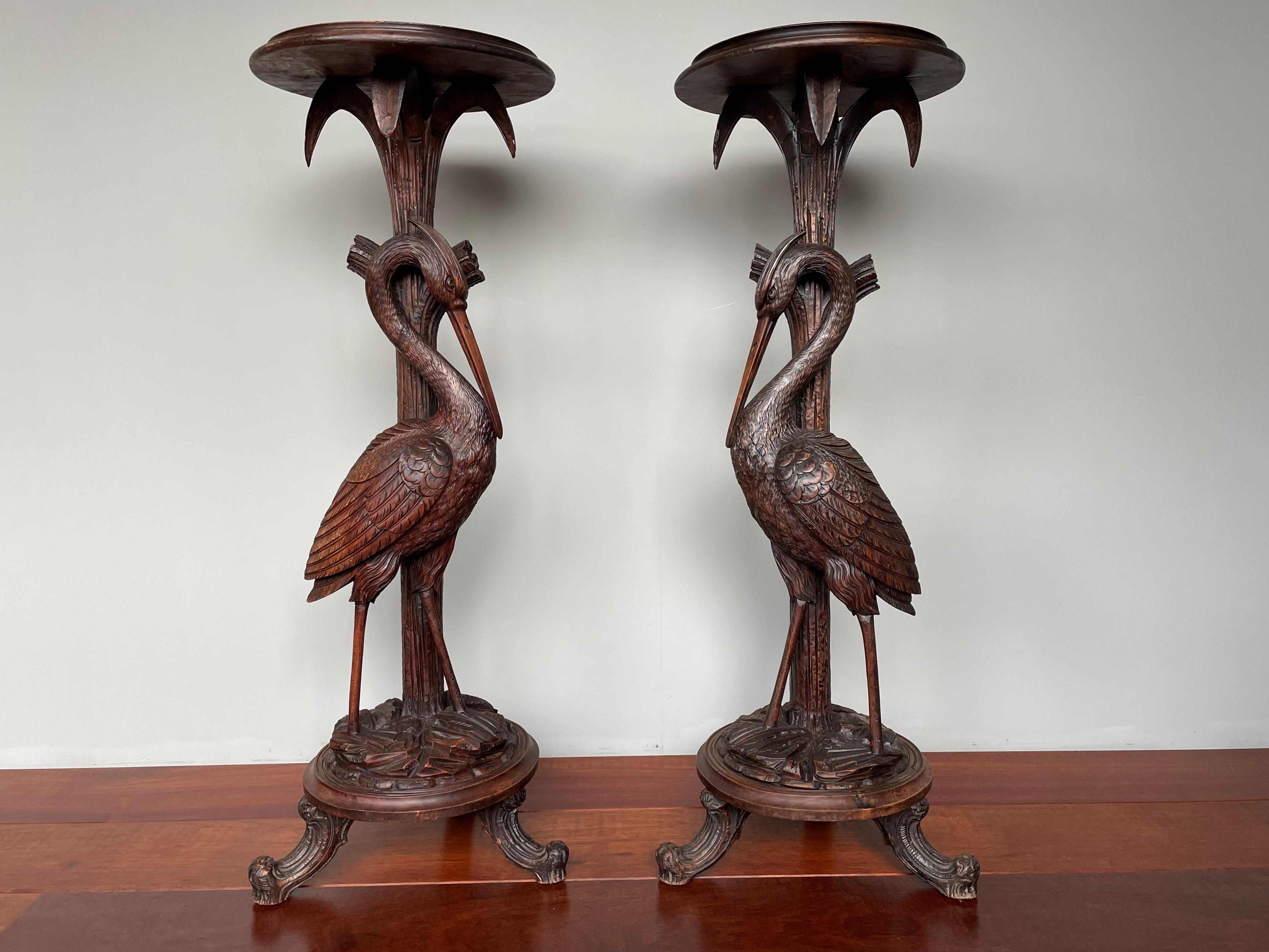 Antique and Unique Hand Carved Pair of Black Forest Heron Sculpture Pedestals 4