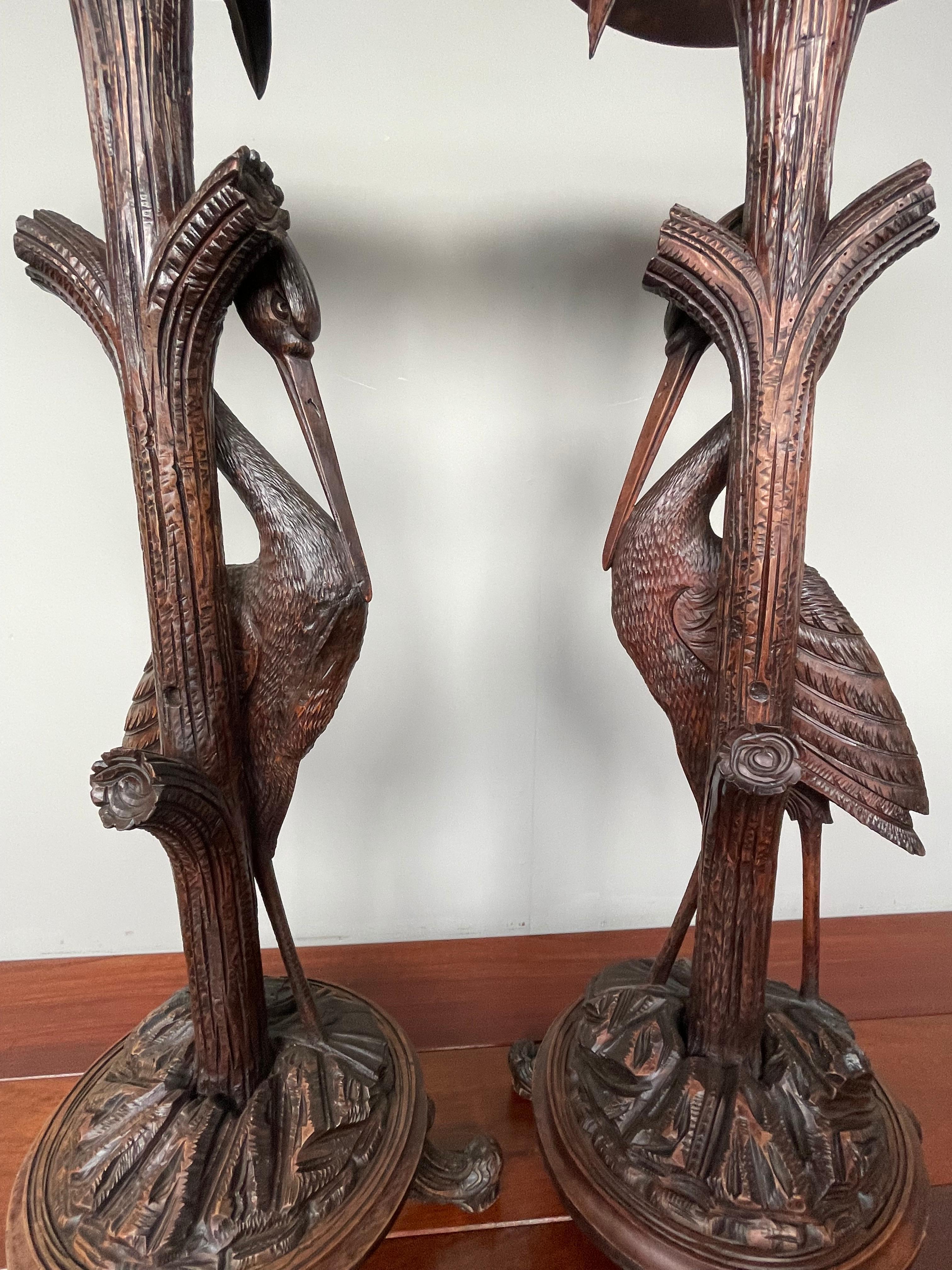 Antique and Unique Hand Carved Pair of Black Forest Heron Sculpture Pedestals 6