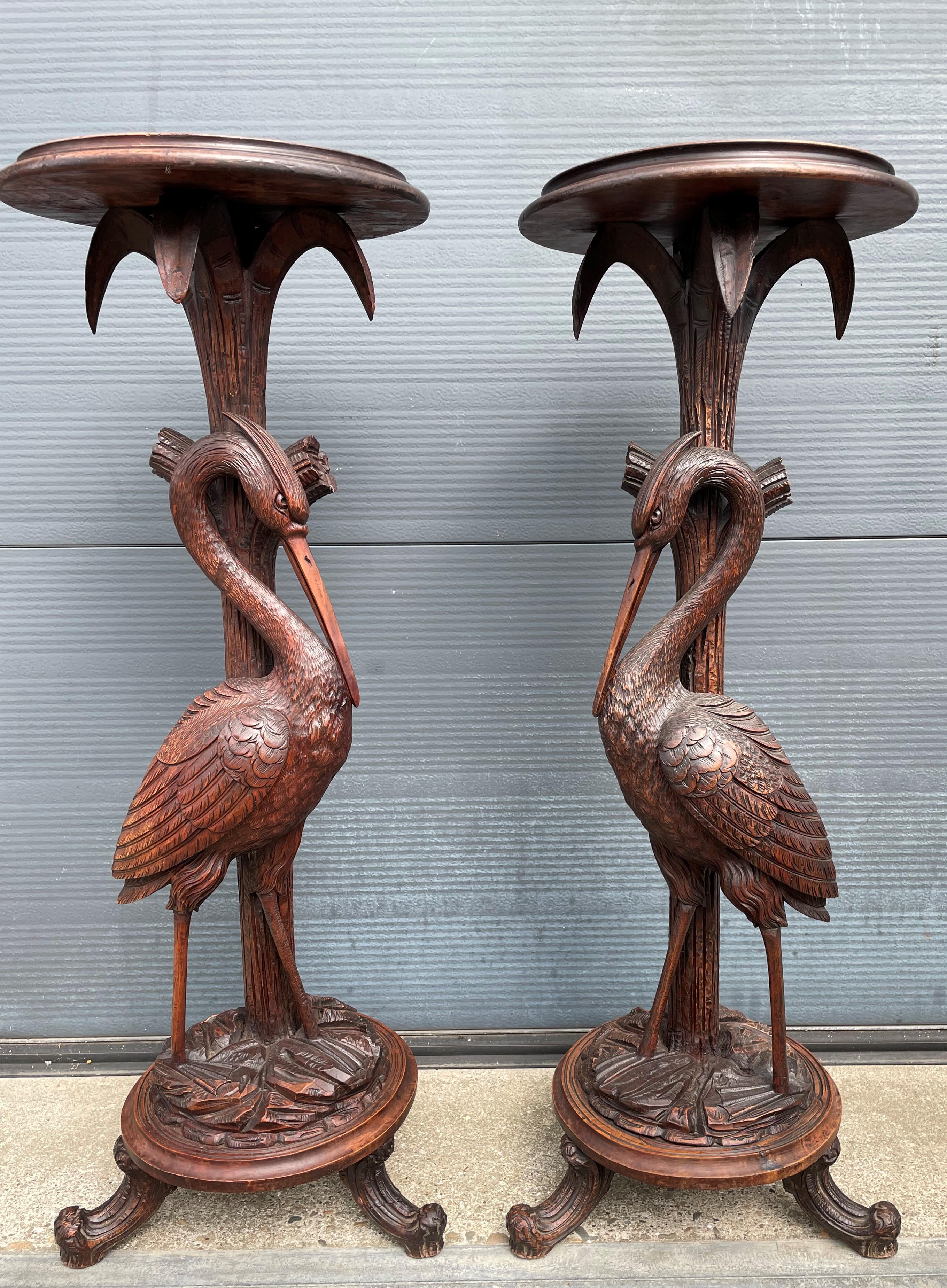 Antique and Unique Hand Carved Pair of Black Forest Heron Sculpture Pedestals 9