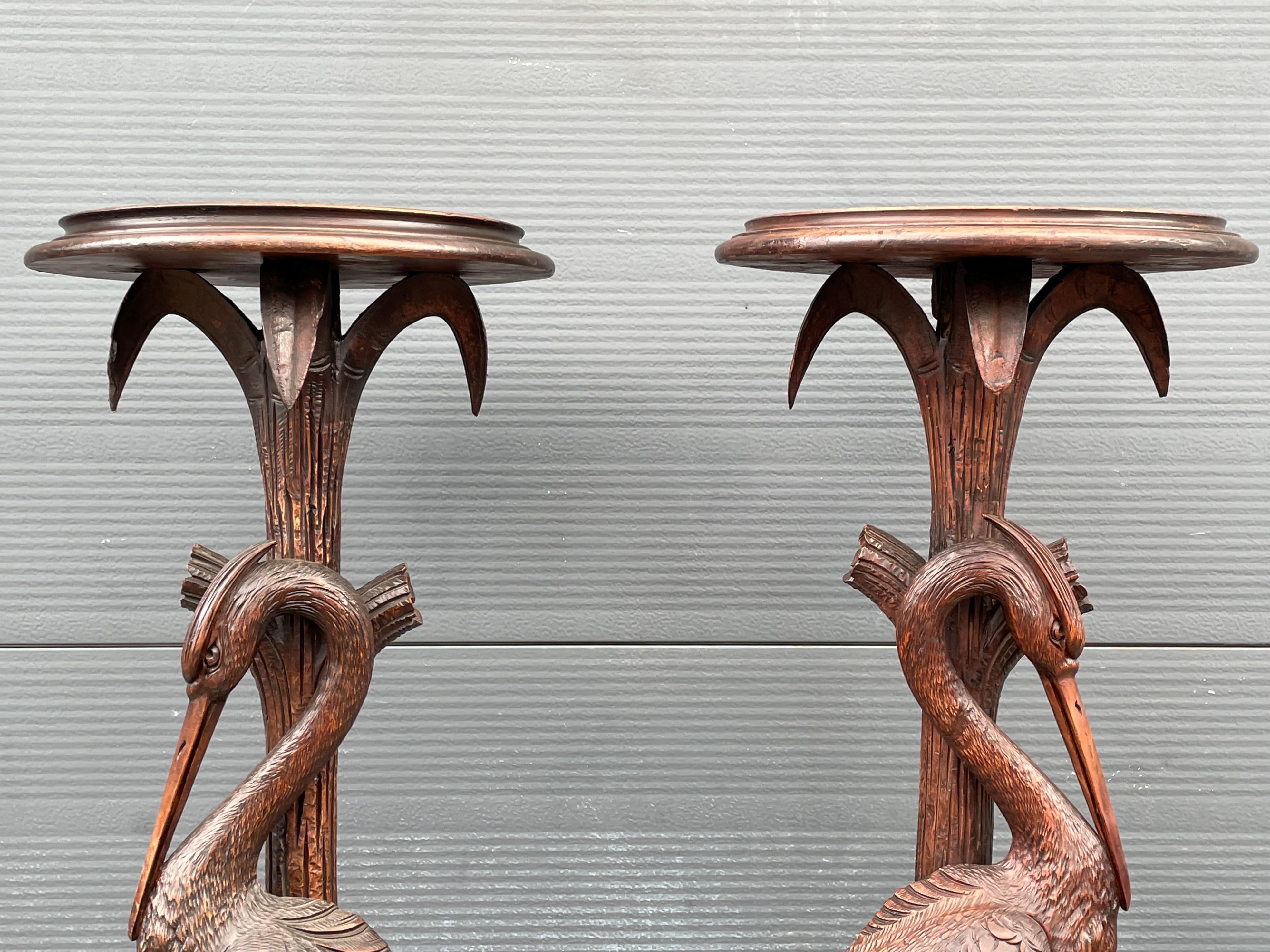 Wood Antique and Unique Hand Carved Pair of Black Forest Heron Sculpture Pedestals