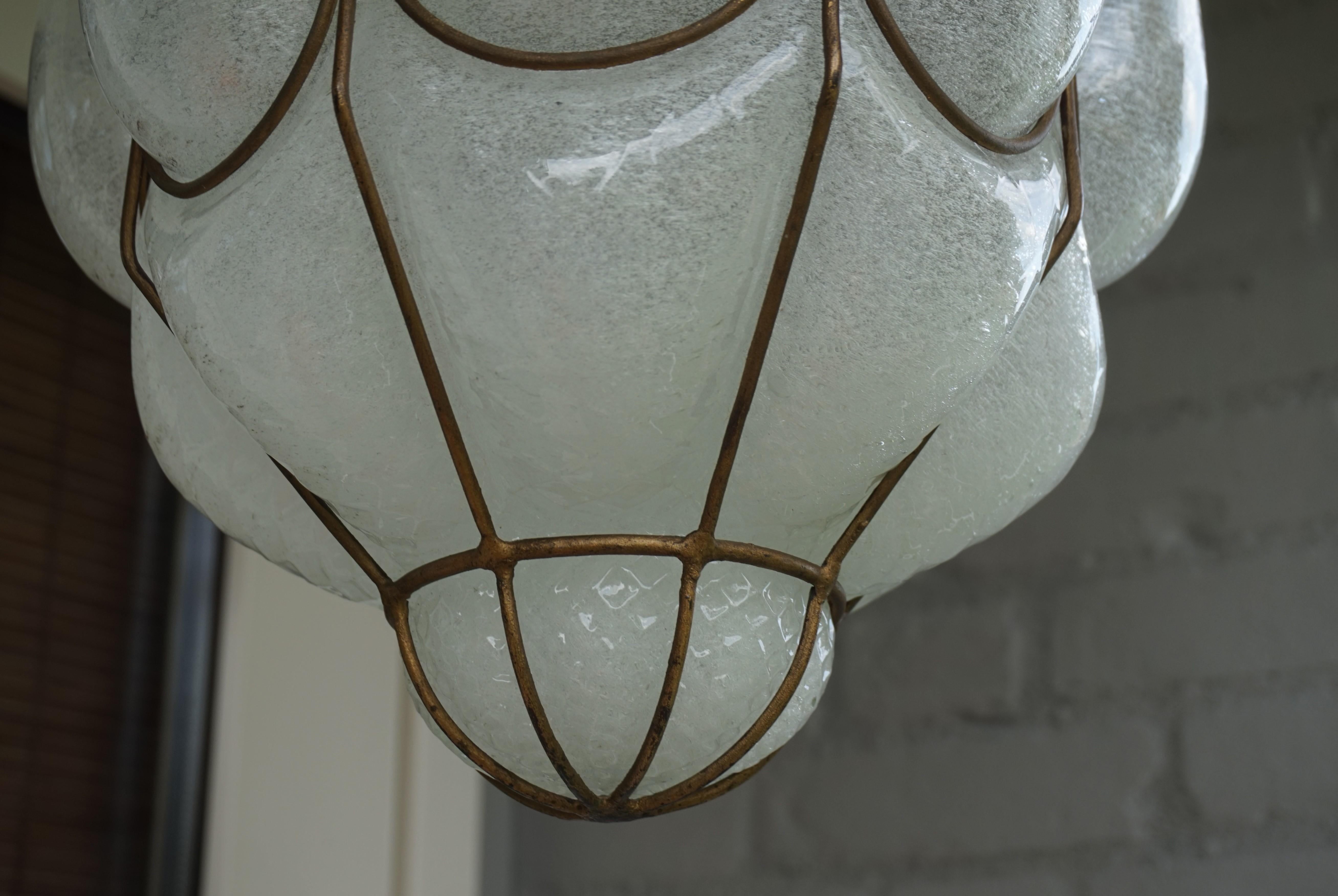 Brass Antique and Unique Mouthblown Venetian Murano Art Glass Pendant / Ceiling Light