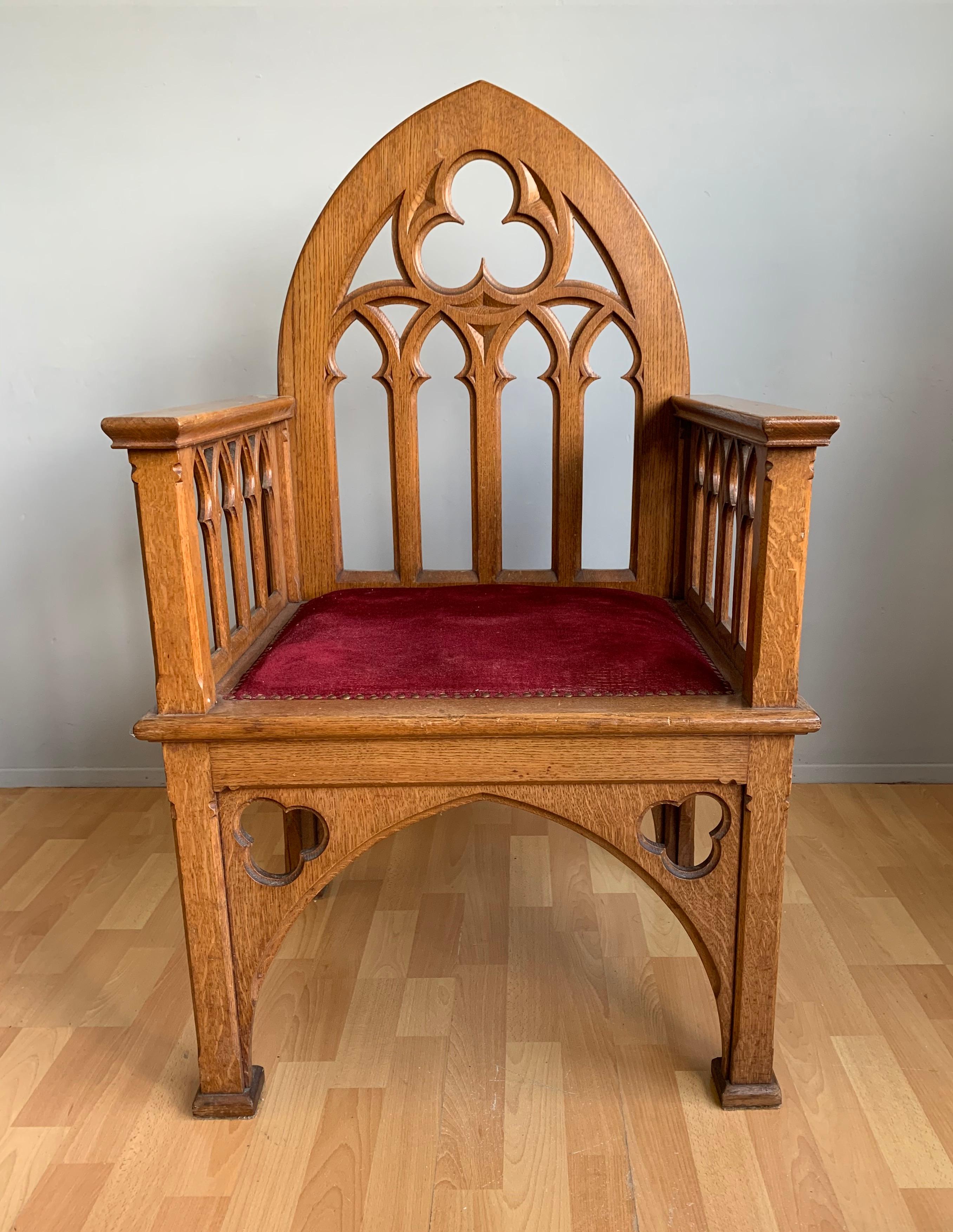Wood Antique and Unique Quality Carved Gothic Revival Oak Armchair Church Chair