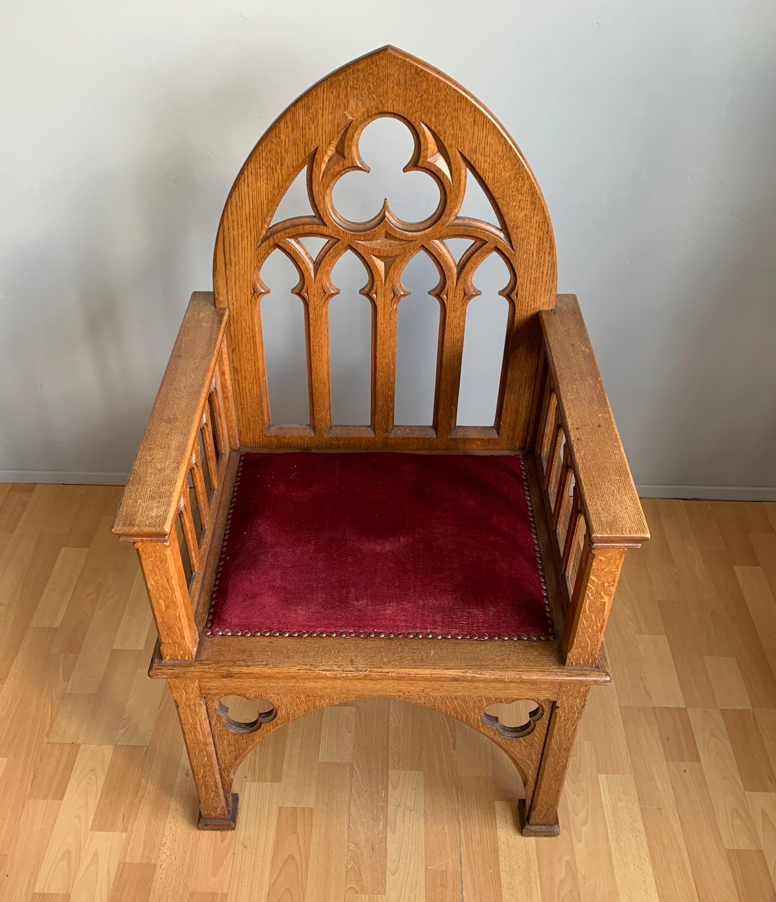 Antique and Unique Quality Carved Gothic Revival Oak Armchair Church Chair 1