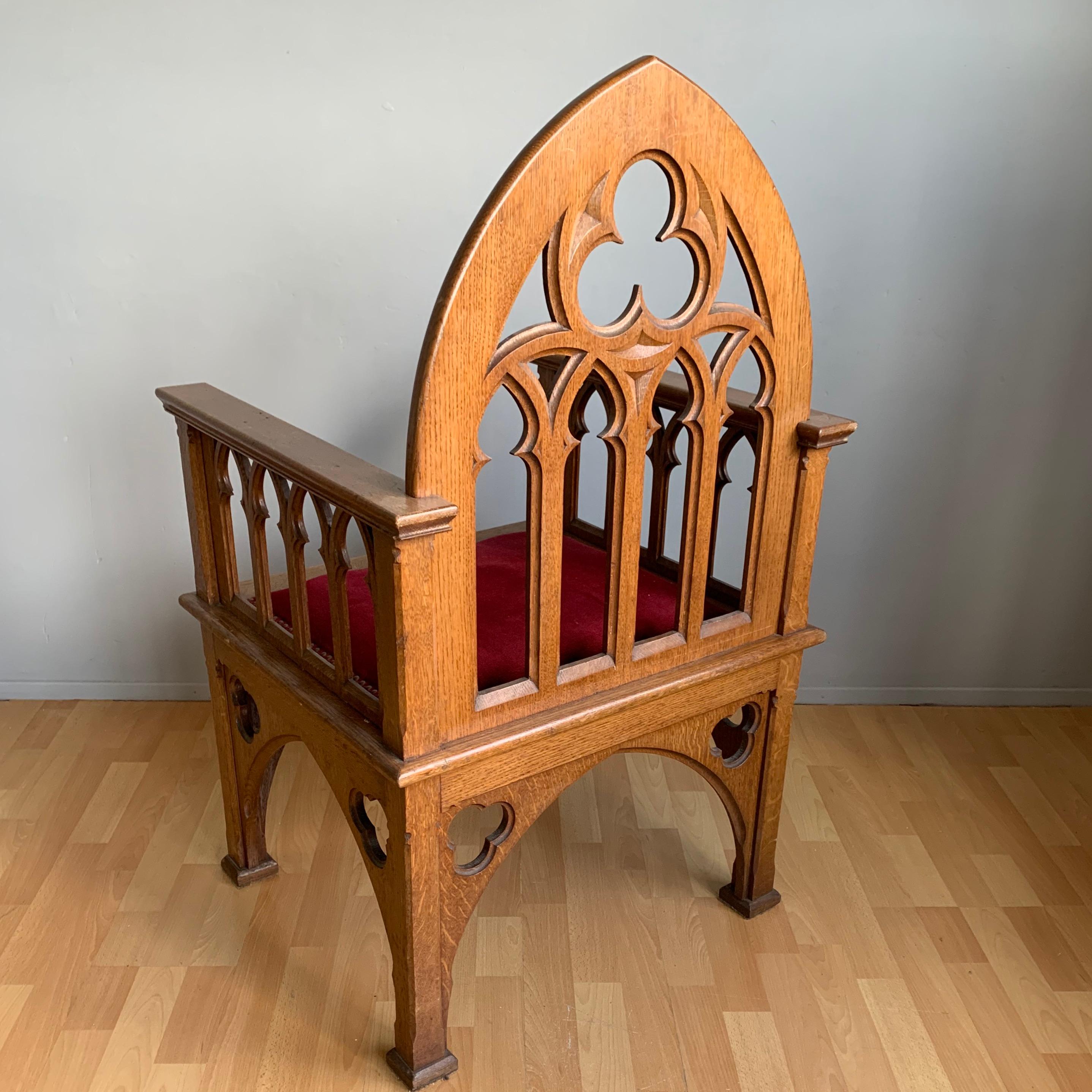 Antique and Unique Quality Carved Gothic Revival Oak Armchair Church Chair 3