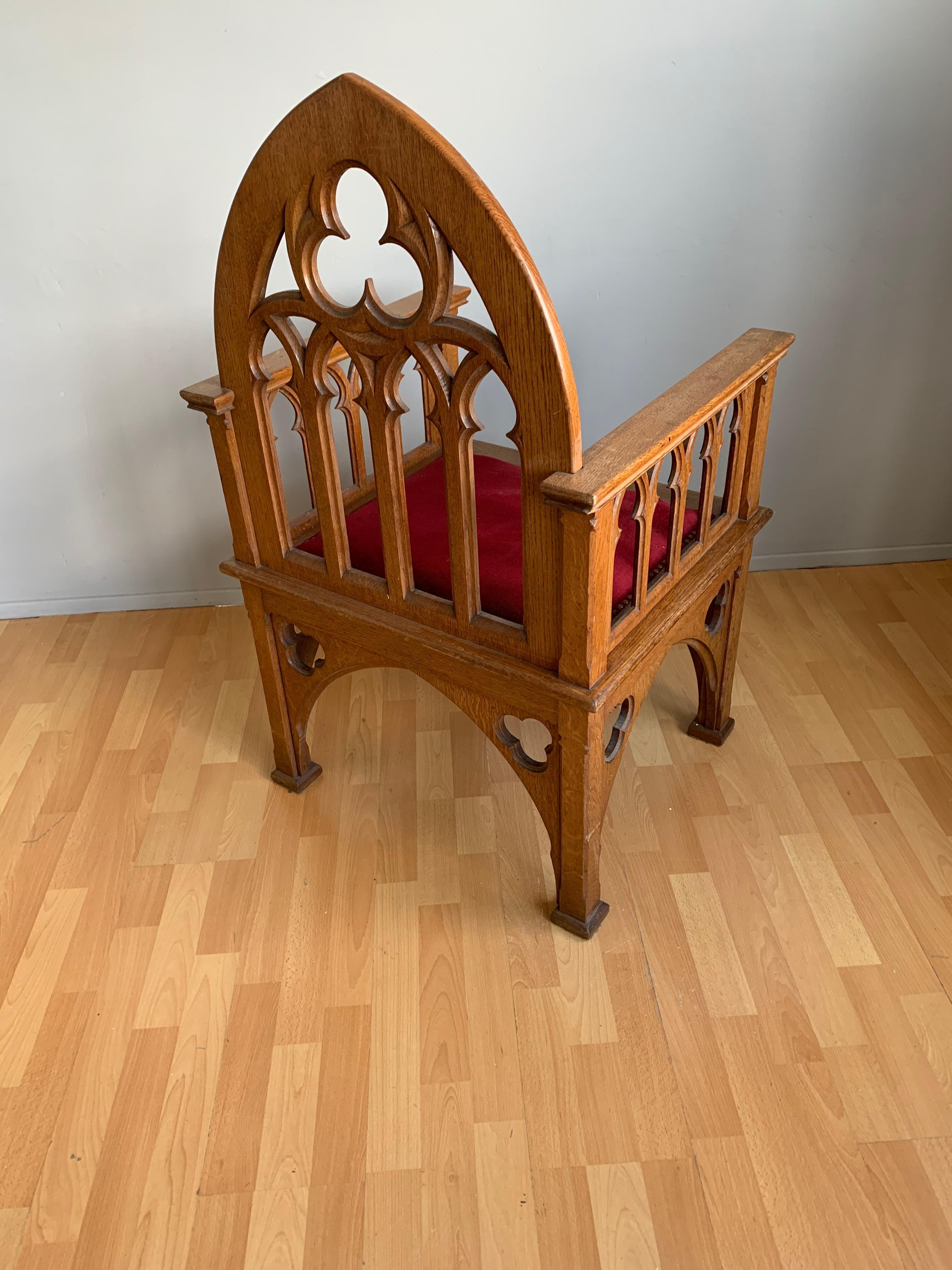 Antique and Unique Quality Carved Gothic Revival Oak Armchair Church Chair 9