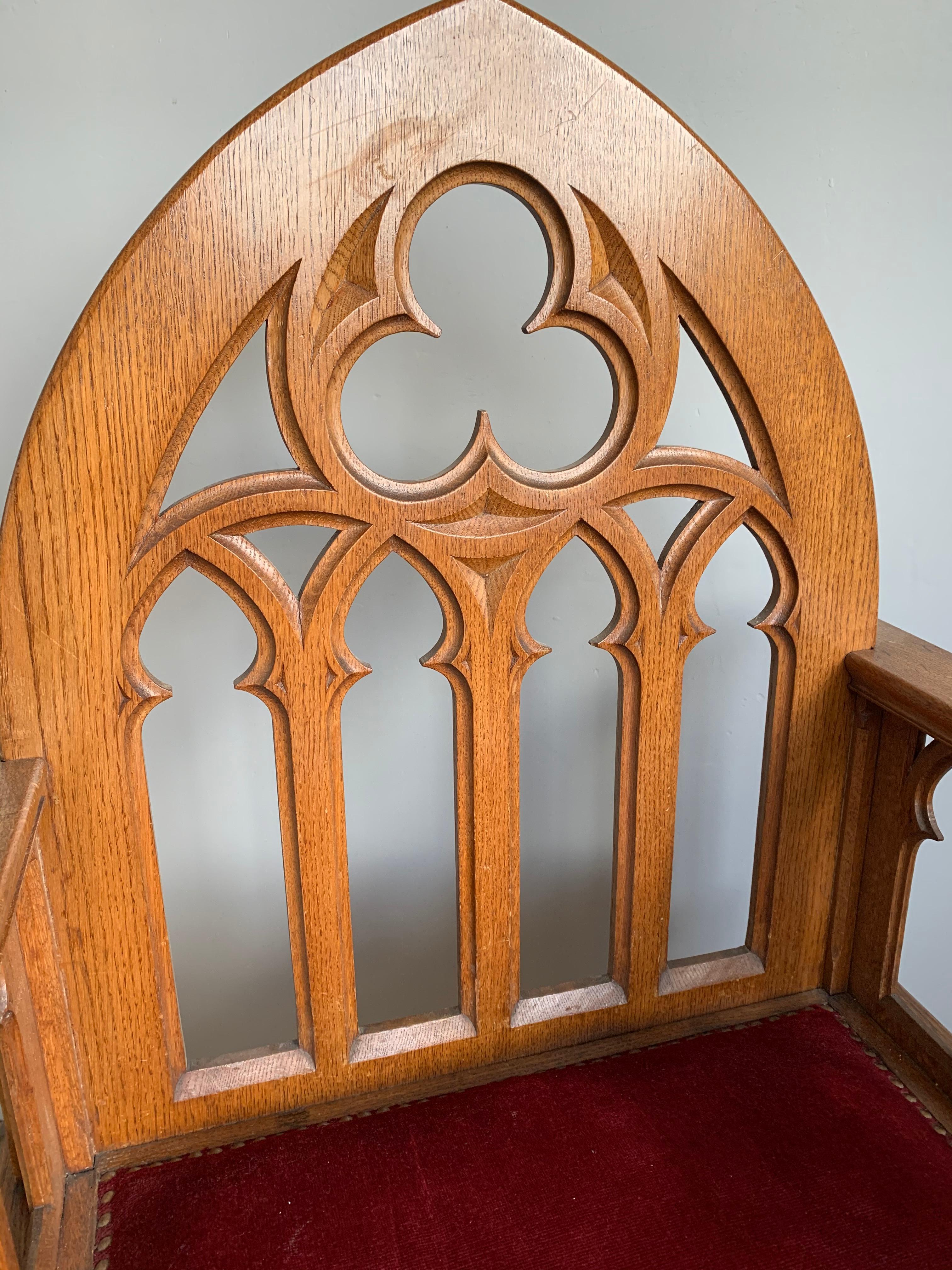 Antique and Unique Quality Carved Gothic Revival Oak Armchair Church Chair 2
