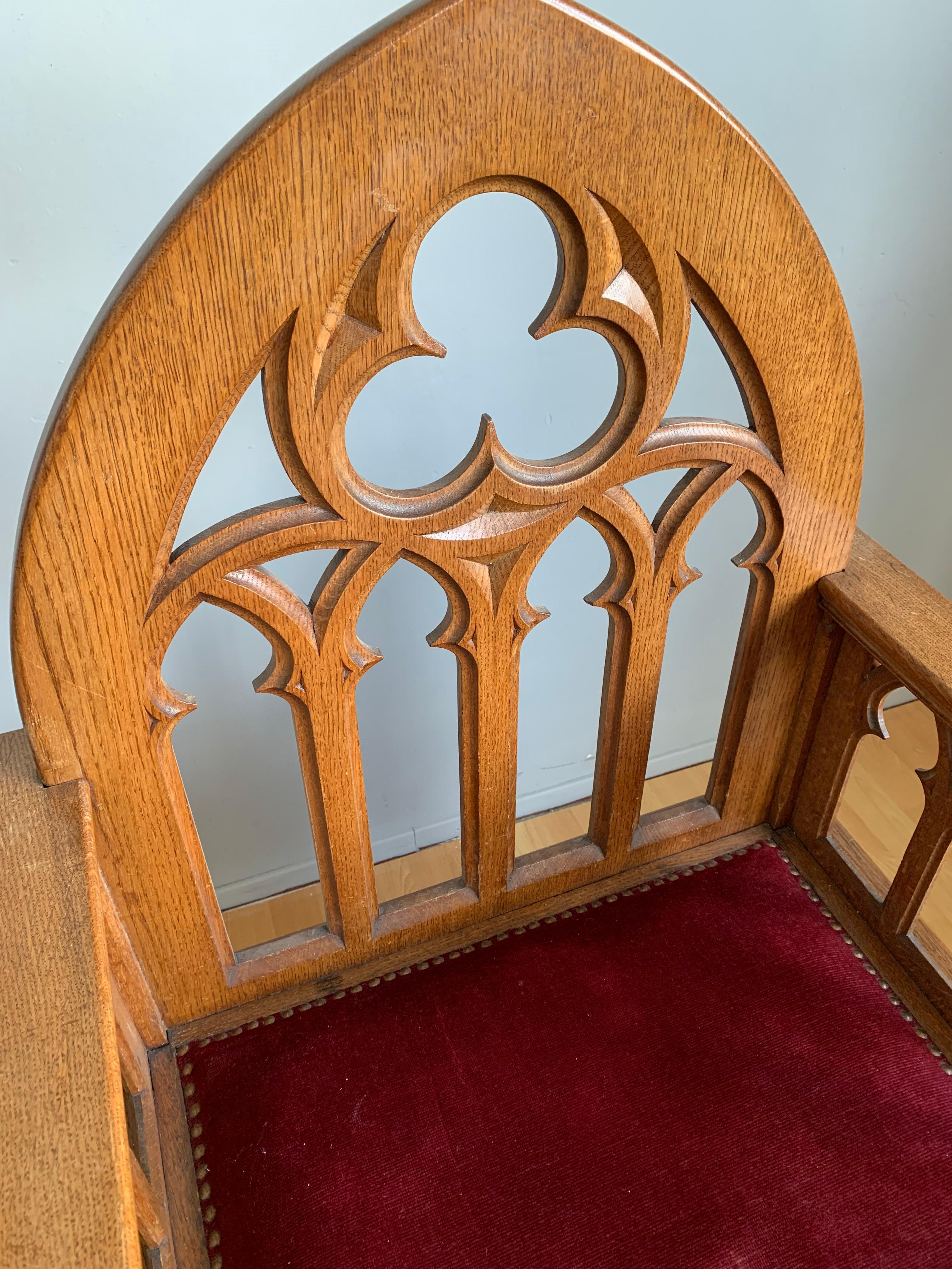 Antique and Unique Quality Carved Gothic Revival Oak Armchair Church Chair In Excellent Condition In Lisse, NL
