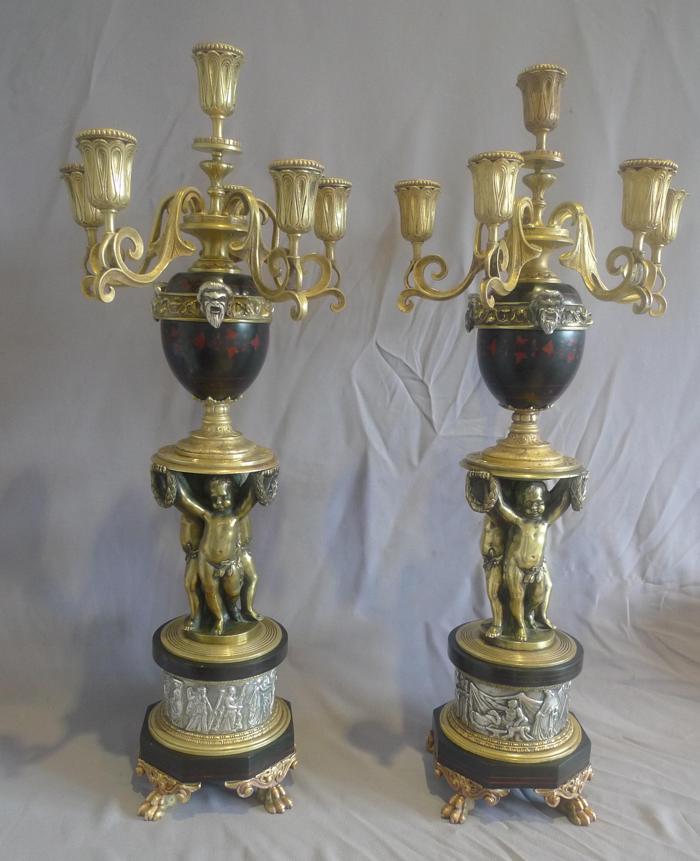 Antique and Unusual Pair of Gilt and Silvered Bronze, Inlaid Marble 6 Sconce Can In Good Condition For Sale In London, GB