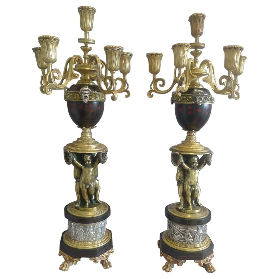 Antique and Unusual Pair of Gilt and Silvered Bronze, Inlaid Marble 6 Sconce Can For Sale
