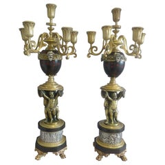 Antique and Unusual Pair of Gilt and Silvered Bronze, Inlaid Marble 6 Sconce Can