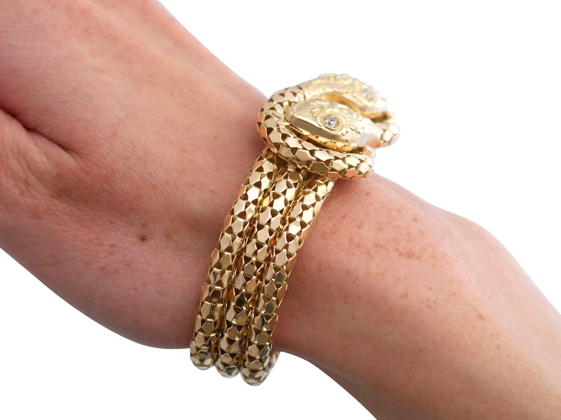 Antique and Vintage 0.25 Carat Diamond and 18k Yellow Gold Snake Bracelet For Sale 9