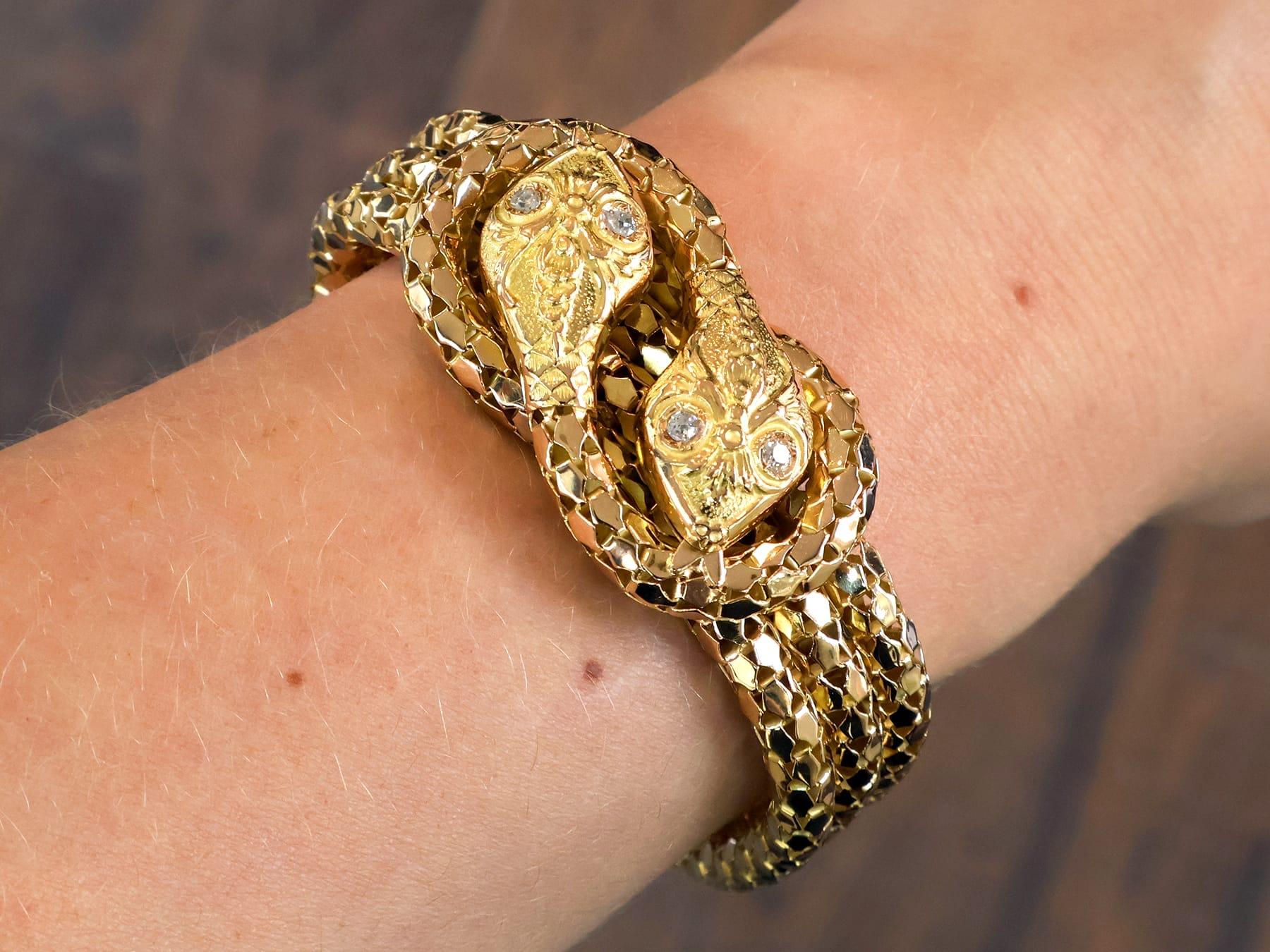 Old European Cut Antique and Vintage 0.25 Carat Diamond and 18k Yellow Gold Snake Bracelet For Sale