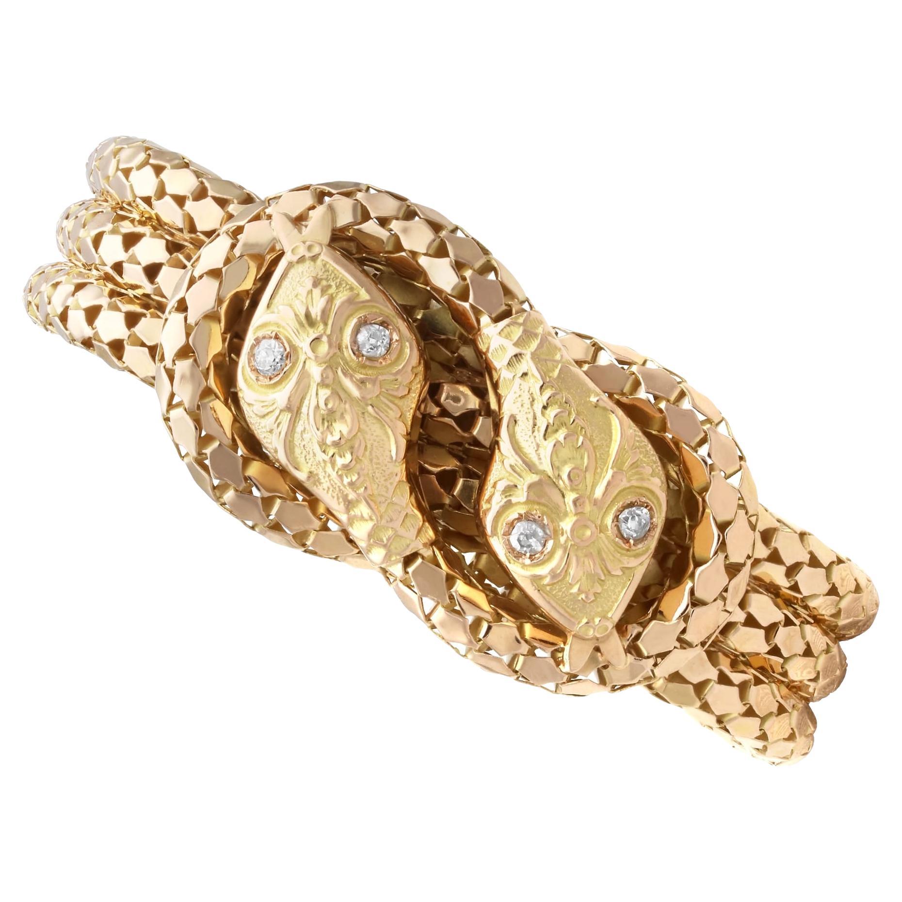 Antique and Vintage 0.25 Carat Diamond and 18k Yellow Gold Snake Bracelet For Sale