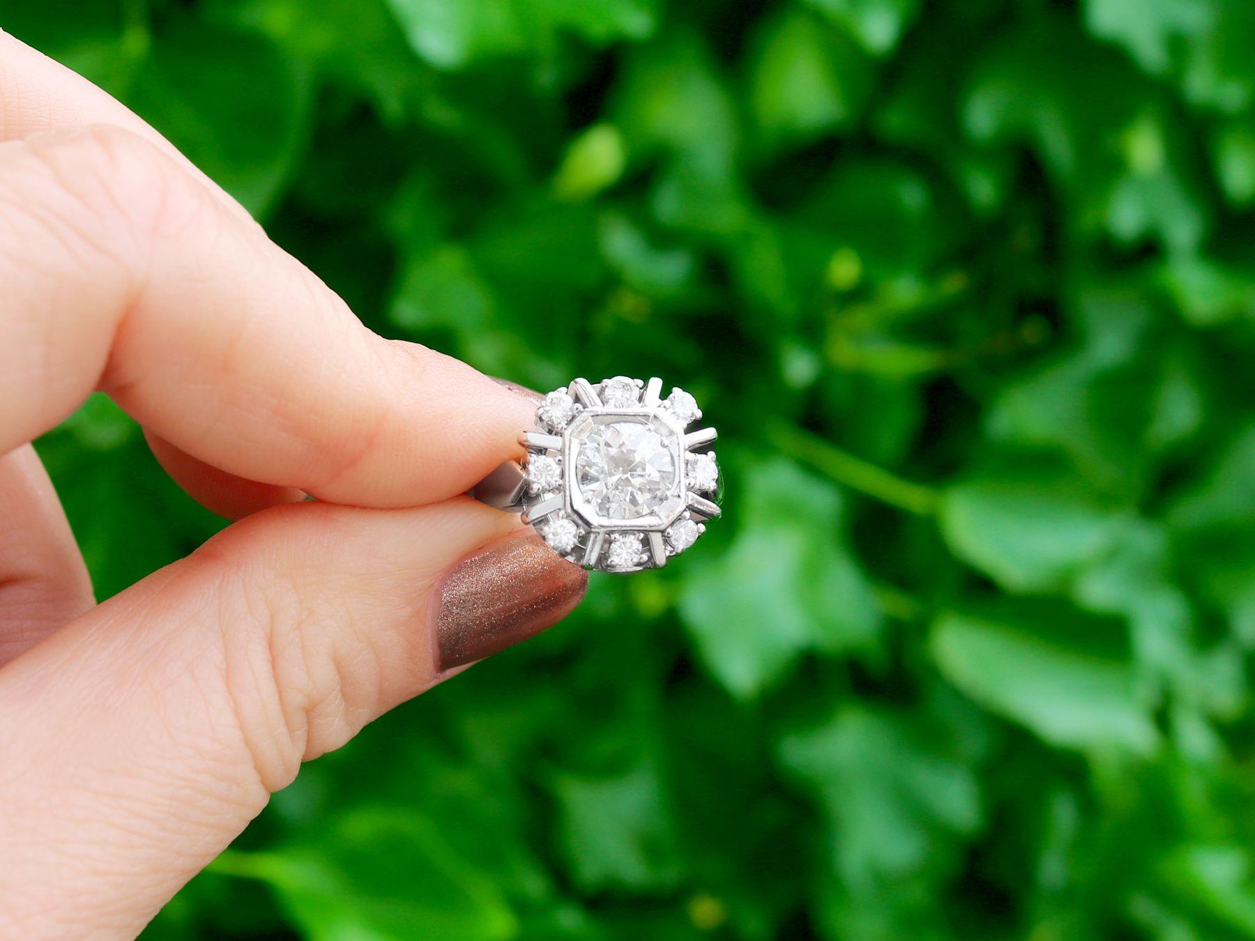 A stunning antique and vintage 1.68 carat diamond and 14 karat white gold dress ring; part of our diverse diamond jewelry and estate jewelry collections.

This stunning, fine and impressive vintage diamond ring has been crafted in 14k white