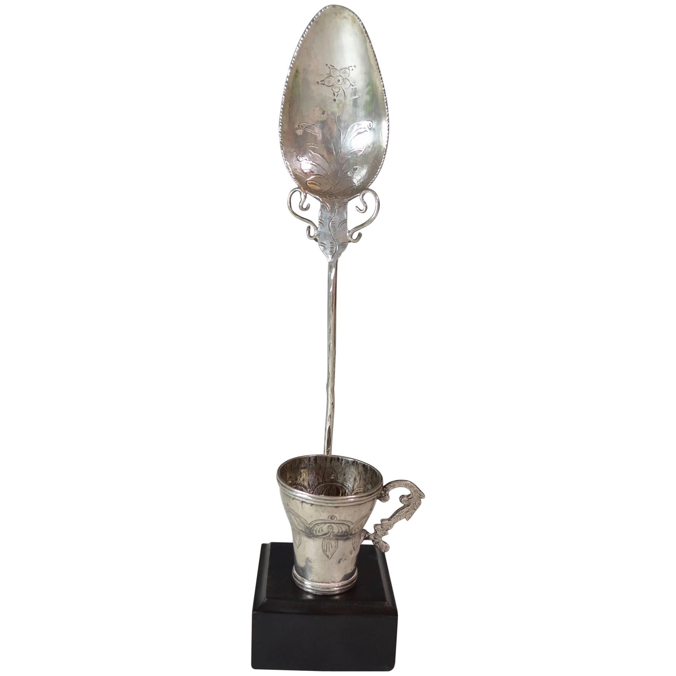 Antique Andean Colonial Silver Cup and Spoon Tupu, 19th Century, Bolivia