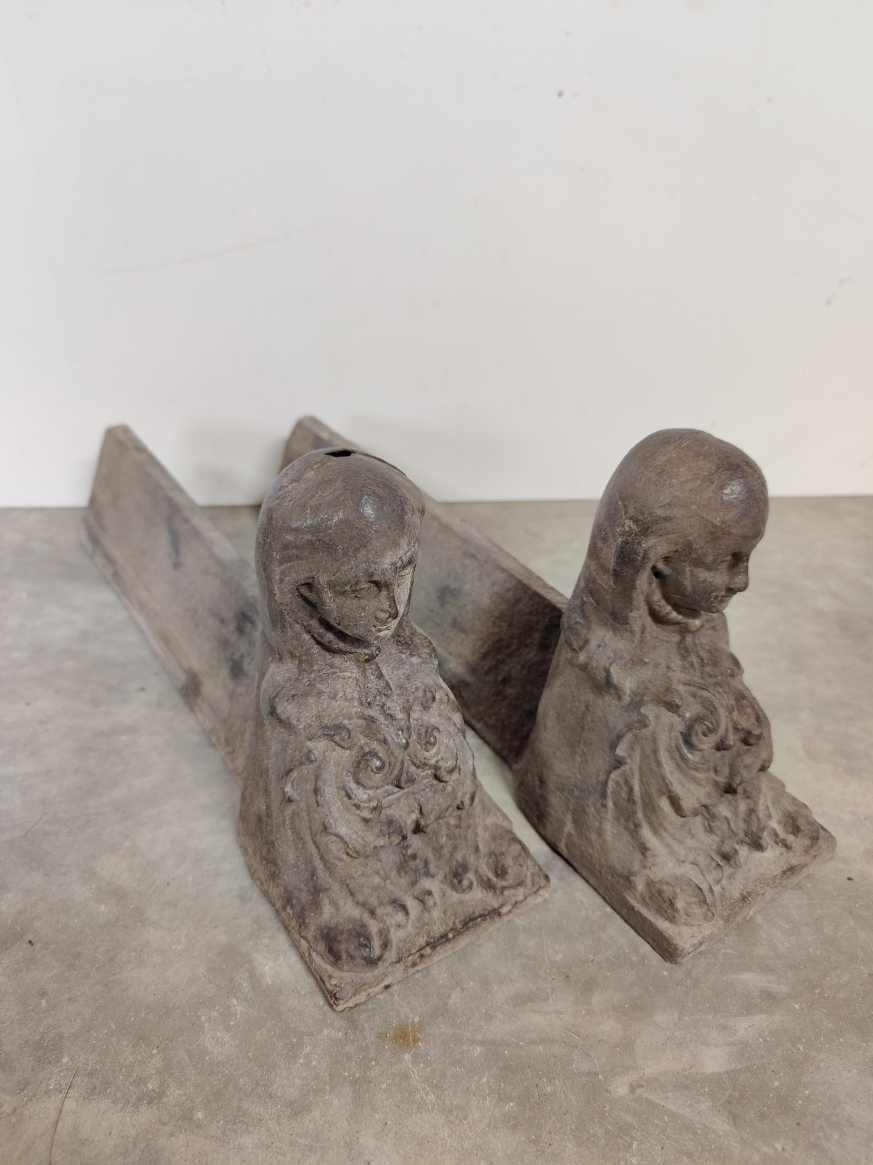 Antique andirons, nuns - very decorative.

Weight: 16 lbs / 7 kg.

Upon request they can be made black / pewter.

See all our antique fireplaces and fireplace accessories at 1stdibs by pressing the ‘View All From Seller’ button.