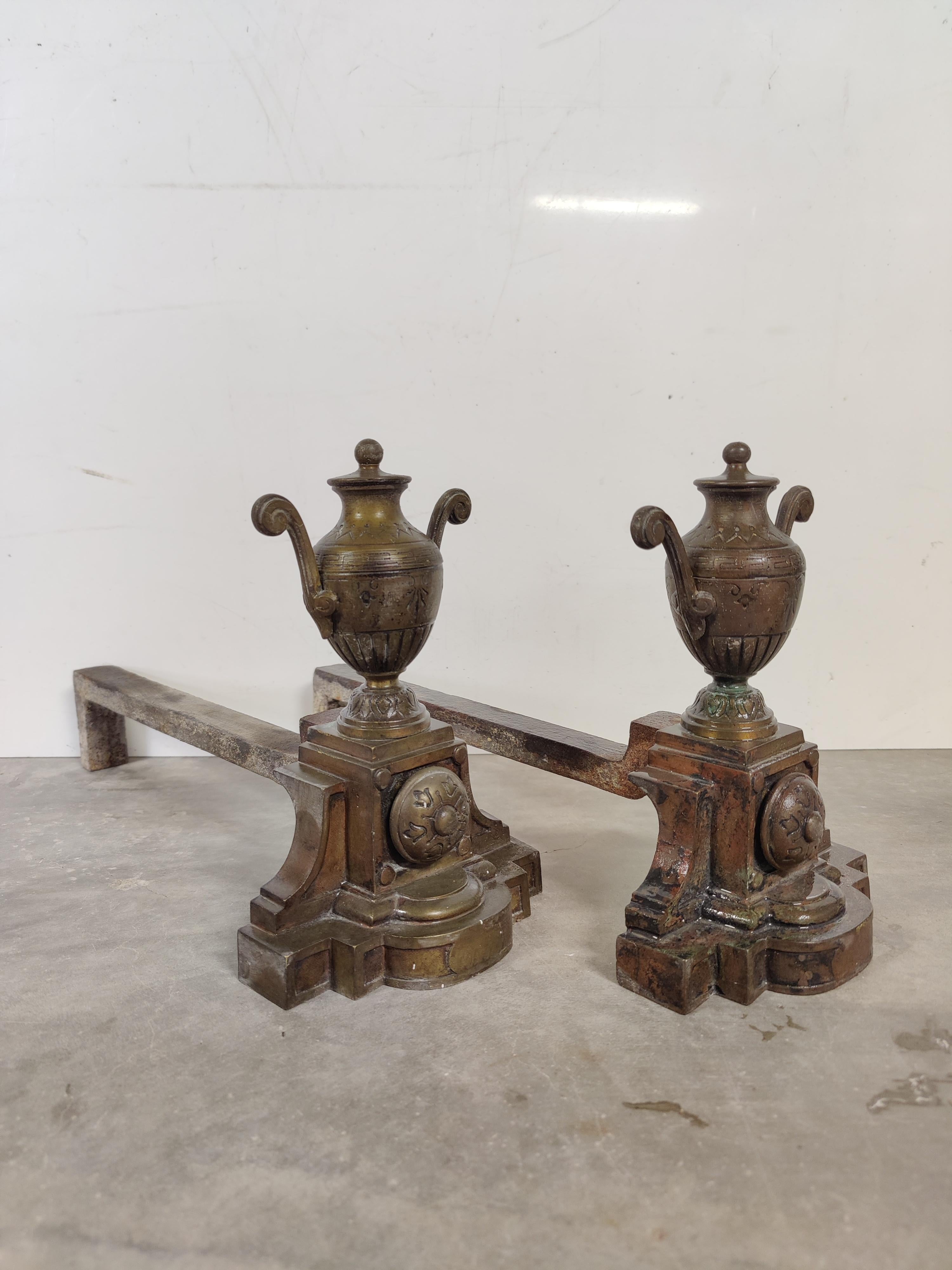 Beautiful decorative andirons.

Weight: 12 lbs / 5 kg.

Upon request they can be made black / pewter.

See all our antique fireplaces and fireplace accessories at 1stdibs by pressing the ‘View All From Seller’ button.