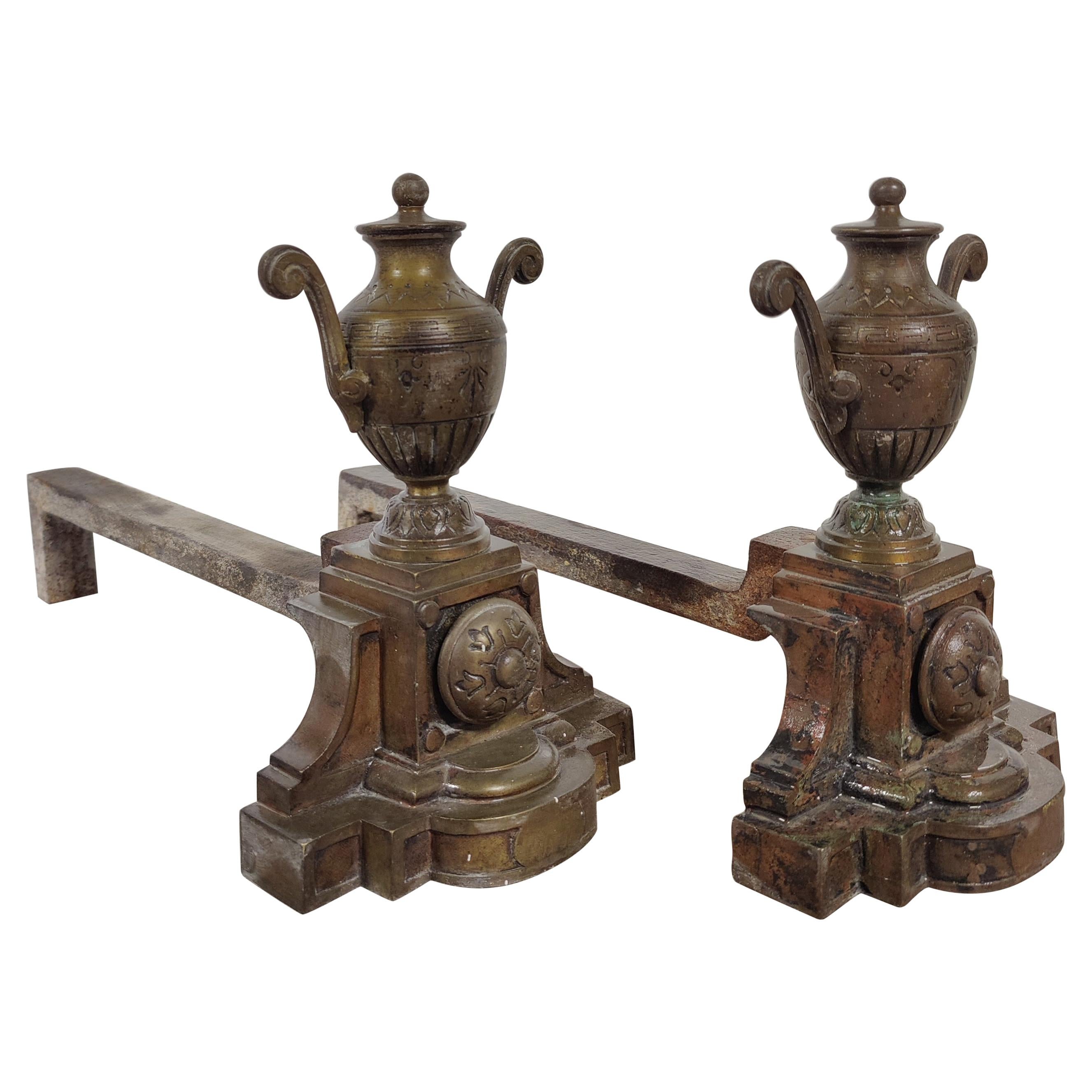 Antique Andirons / Fire Dogs with Copper Urns For Sale