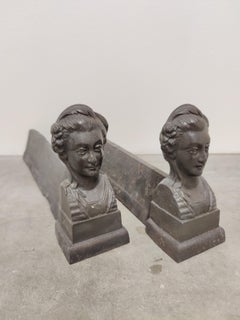Antique Andirons / Fire Dogs, Woman with Flower and Bun in Her Hair