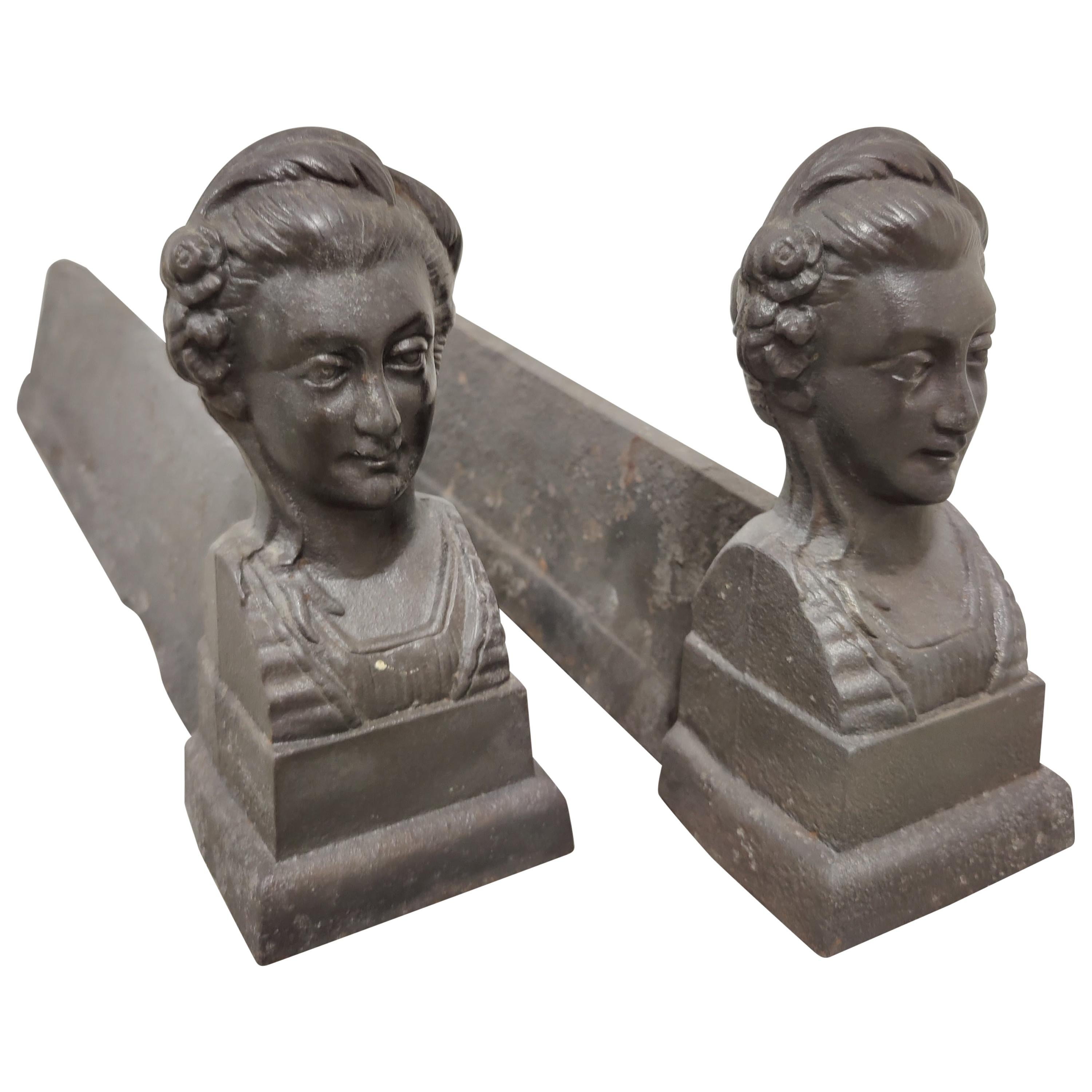 Antique Andirons / Fire Dogs, Woman with Flower and Bun in Her Hair For Sale