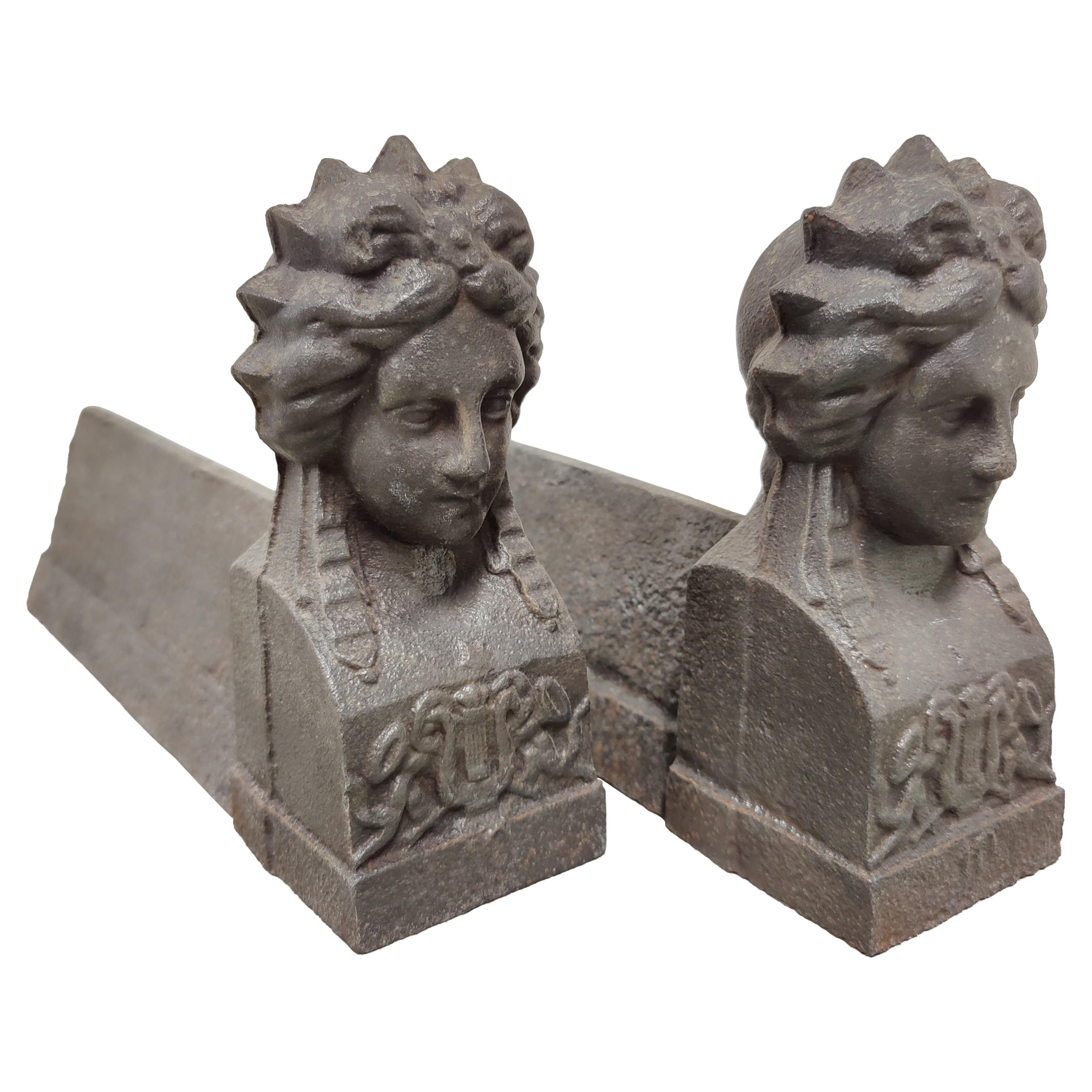 Antique Andirons / Fire Dogs, Woman with Hairband
