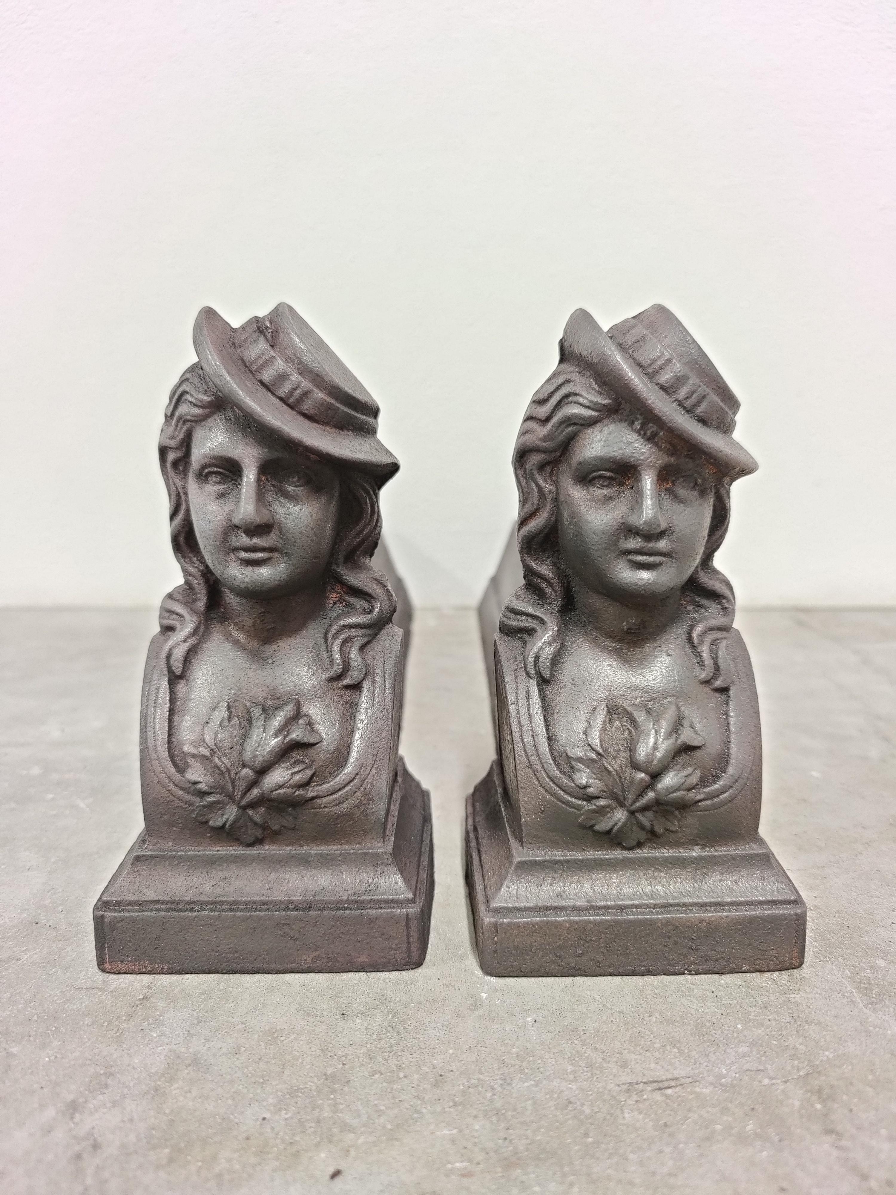 French Antique Andirons / Fire Dogs, Woman with Hat For Sale
