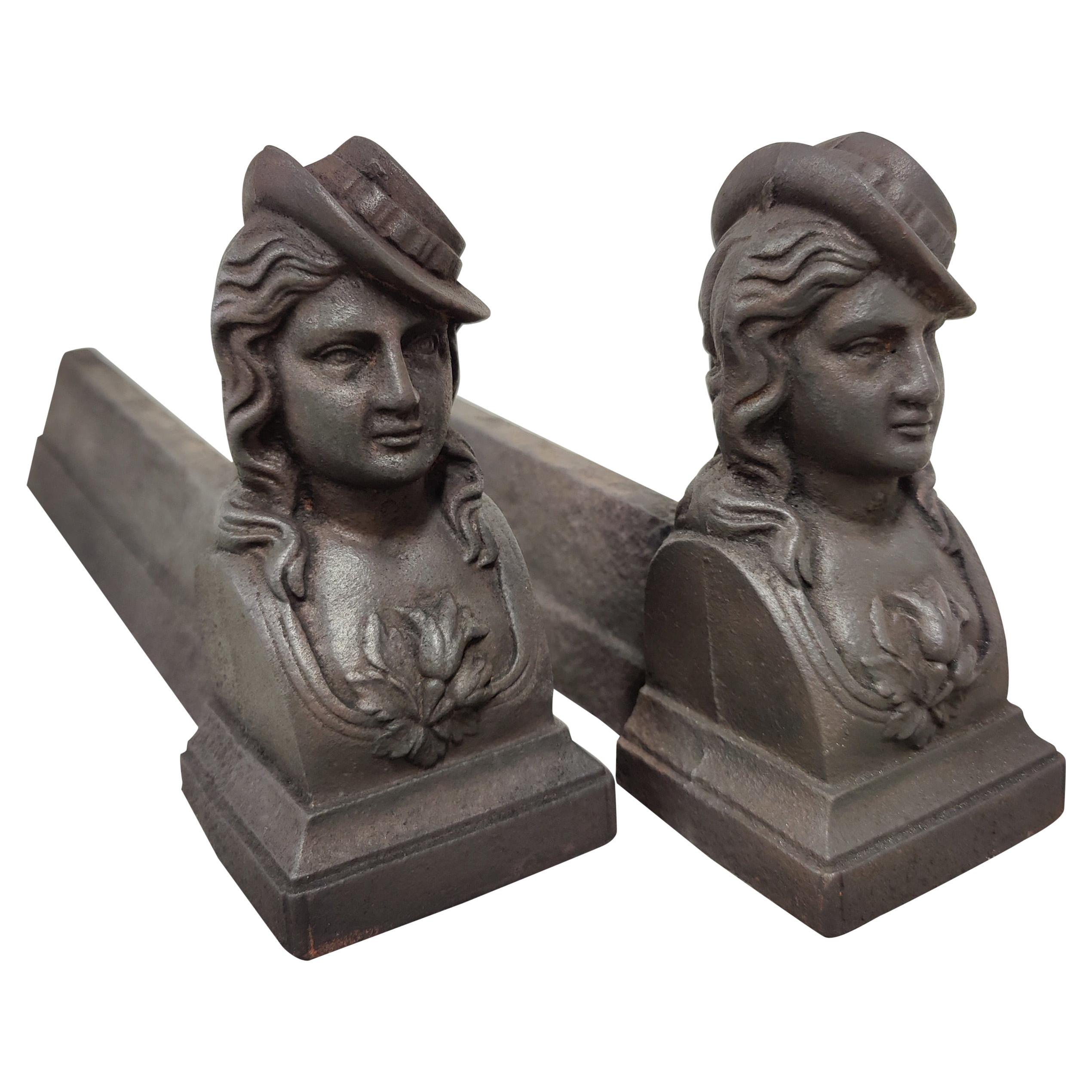 Antique Andirons / Fire Dogs, Woman with Hat For Sale