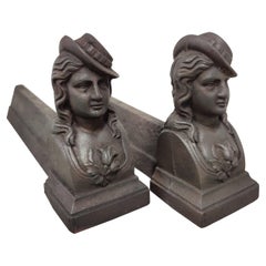 Antique Andirons / Fire Dogs, Woman with Hat